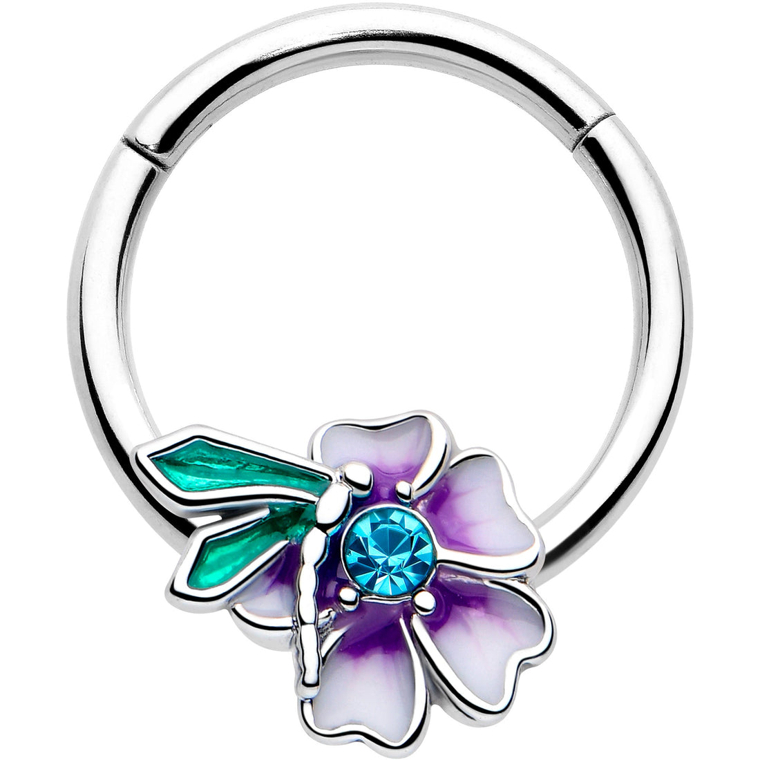 16G purple flower and faerie hinged segment ring with blue crystal center