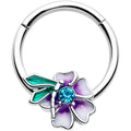 16G purple flower and faerie hinged segment ring with blue crystal center