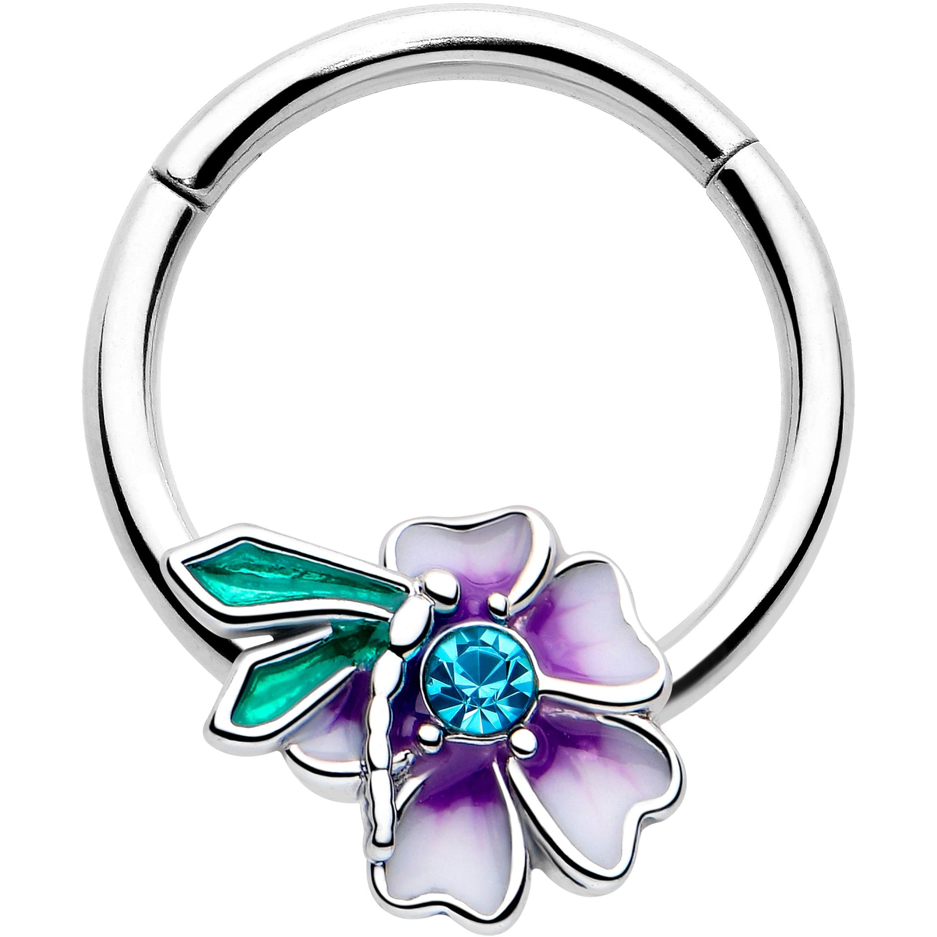 16G purple flower and faerie hinged segment ring with blue crystal center