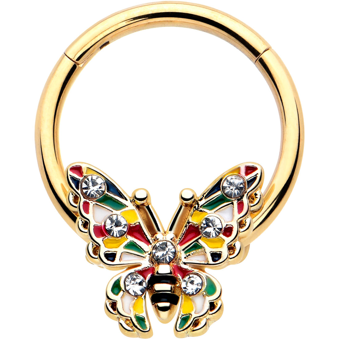 16G gold tone hinged segment ring featuring a colorful butterfly charm with inlaid red, yellow, and green enamel and sparkling clear gems.