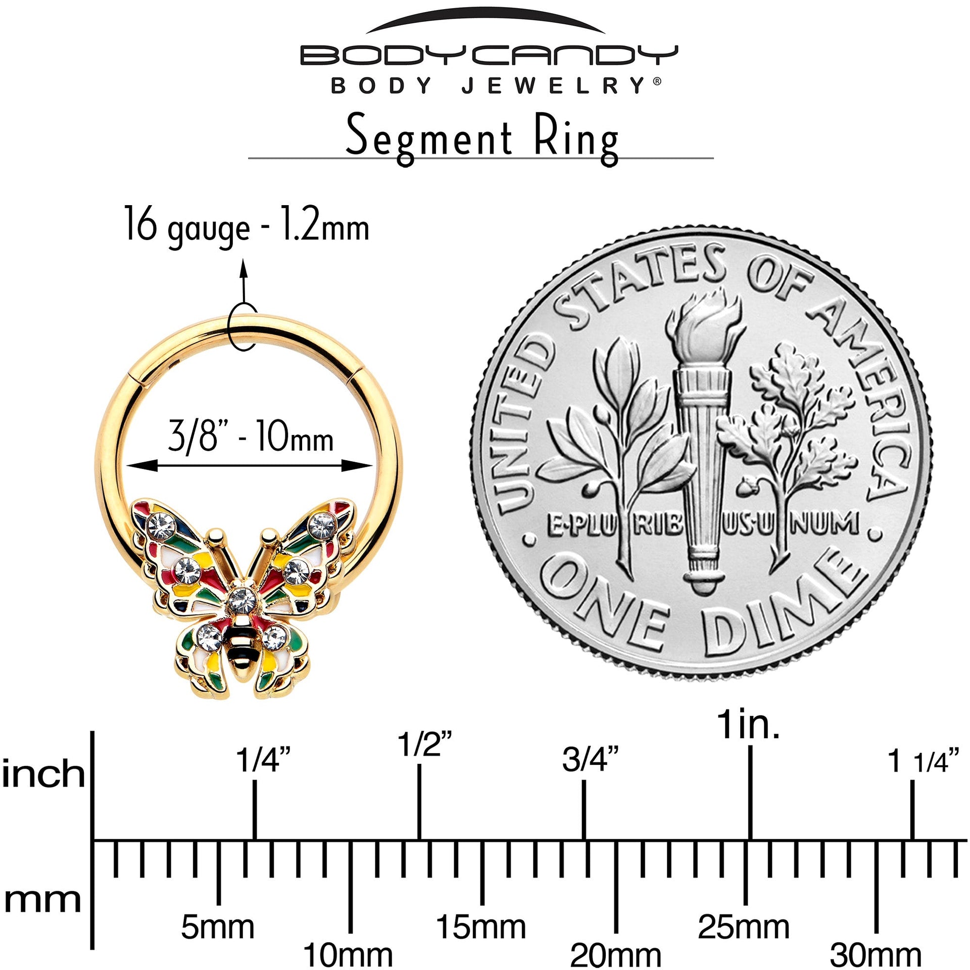 16G Gold Tone Butterfly Hinged Segment Ring with Colorful Gems - Image 4