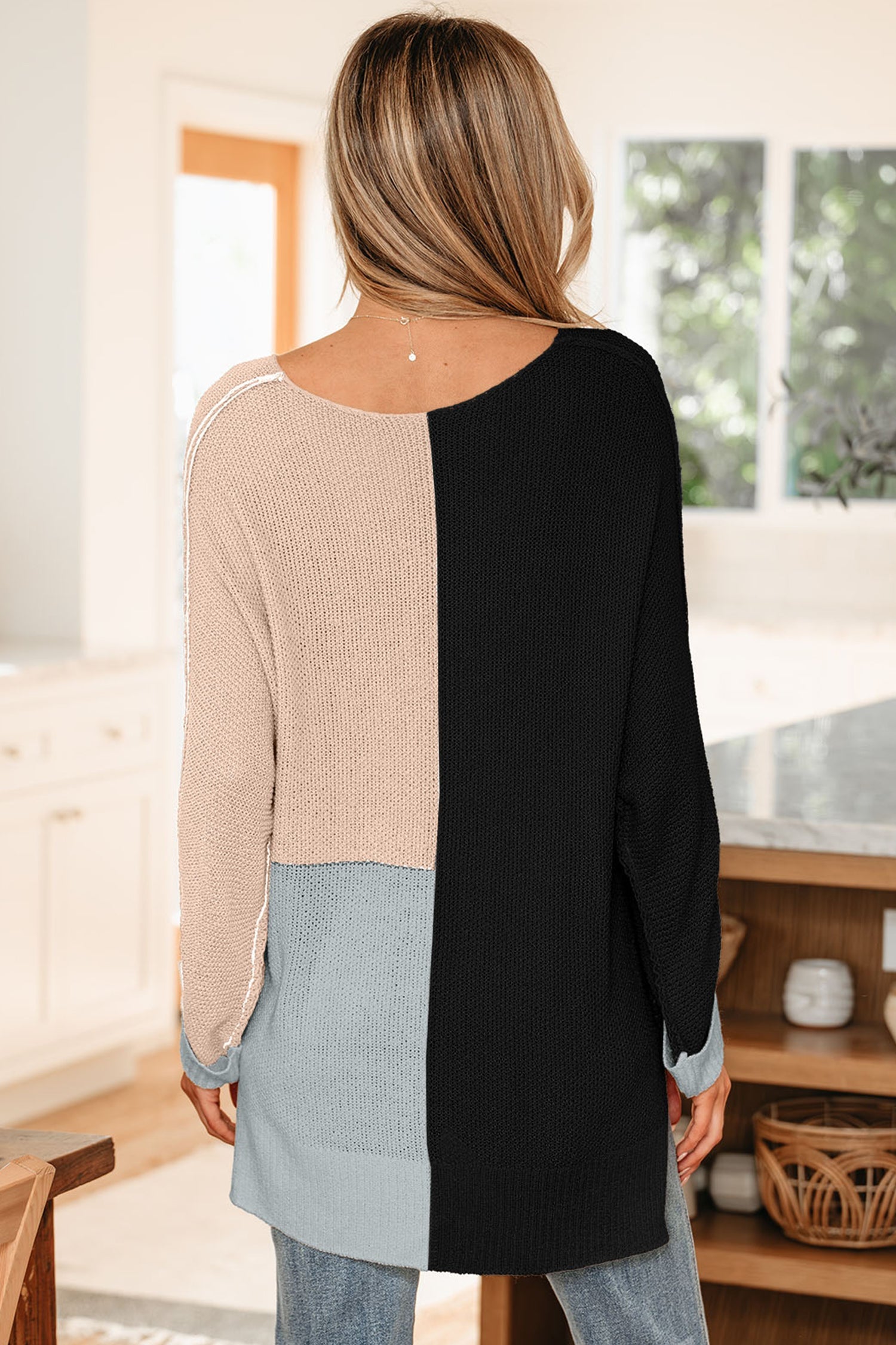 Zayla Color Block Knit Loose Sweater with V-Neck and Side Slits