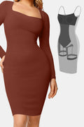 Black Square Neck Long Sleeve Sculpting Built-In Shapewear Dress
