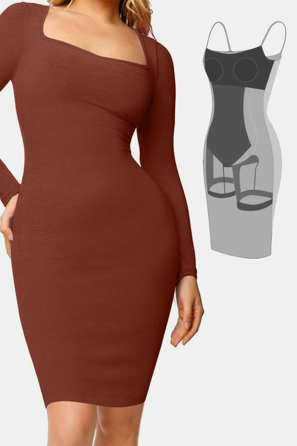 Black Square Neck Long Sleeve Sculpting Built-In Shapewear Dress