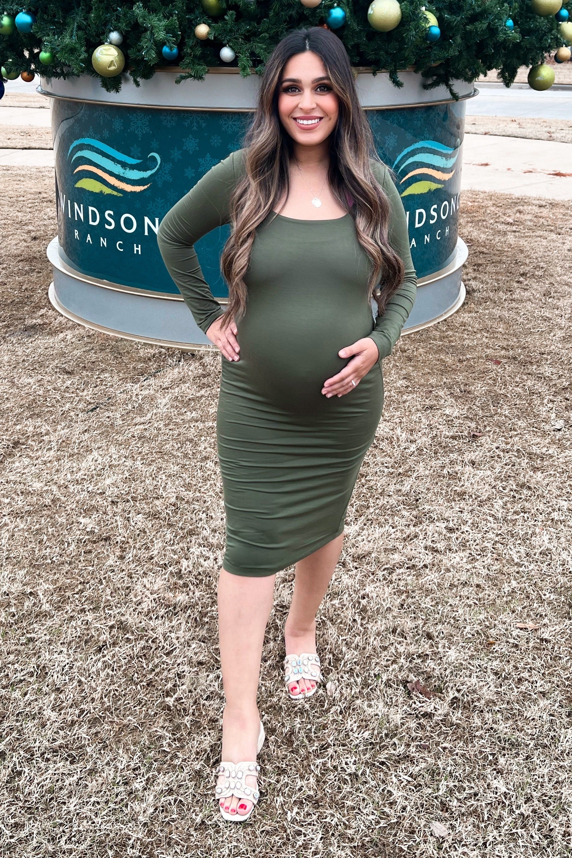Olive Long Sleeve Square Neck Maternity Dress