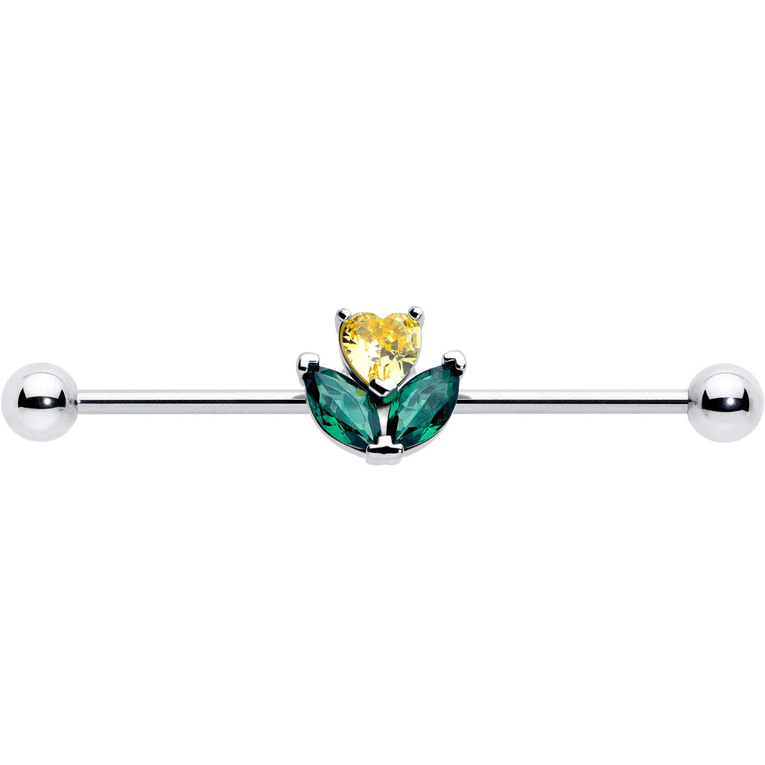 14G Yellow Green CZ Gem Love Flower Industrial Barbell 38mm