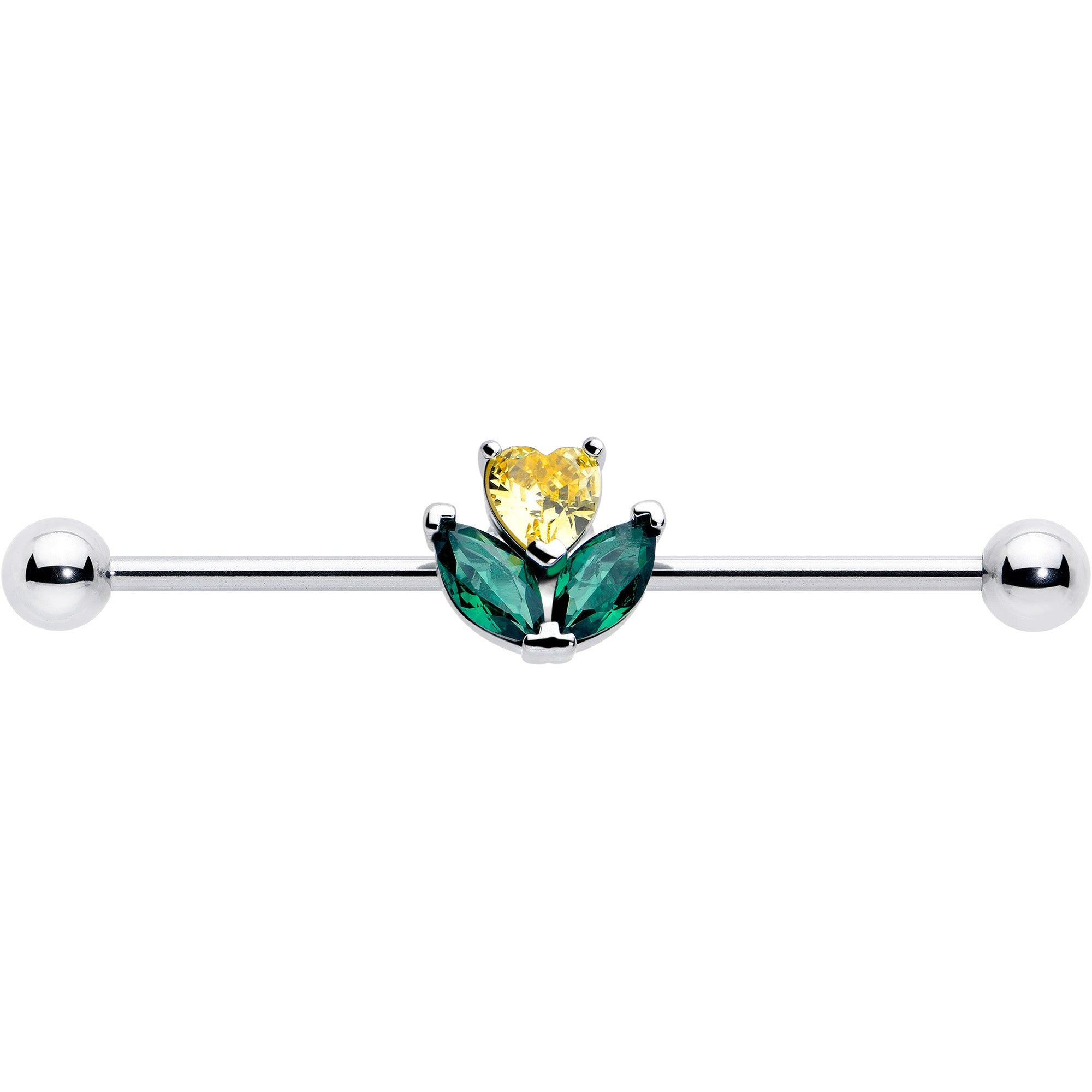 14G Yellow Green CZ Gem Love Flower Industrial Barbell 38mm