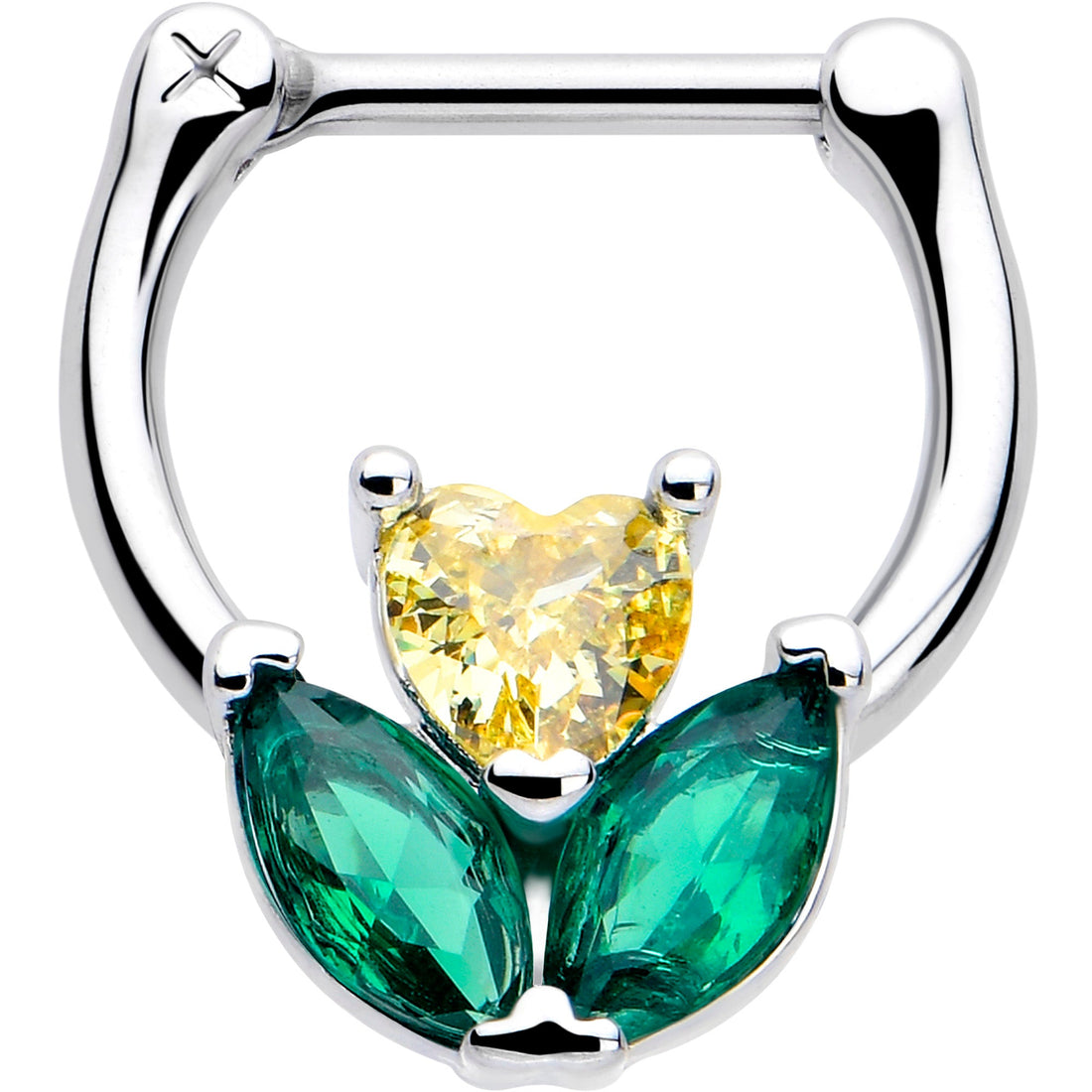 16G hinged clicker ring featuring a floral design with a yellow heart CZ and green marquise CZ leaf accents in silver-tone metal