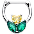 16G hinged clicker ring featuring a floral design with a yellow heart CZ and green marquise CZ leaf accents in silver-tone metal