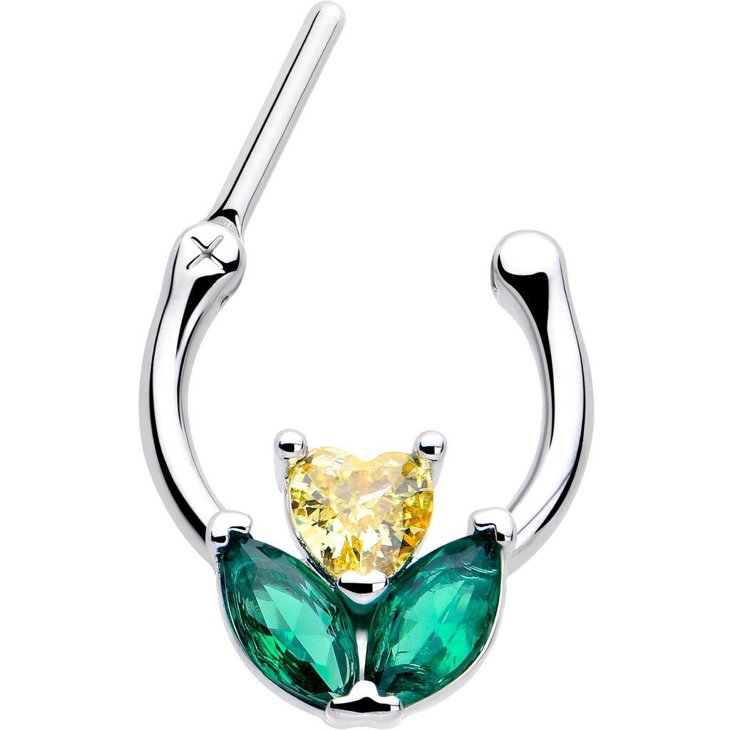 16G Yellow Green CZ Heart Flower Septum Cartilage Clicker Ring - Image 2