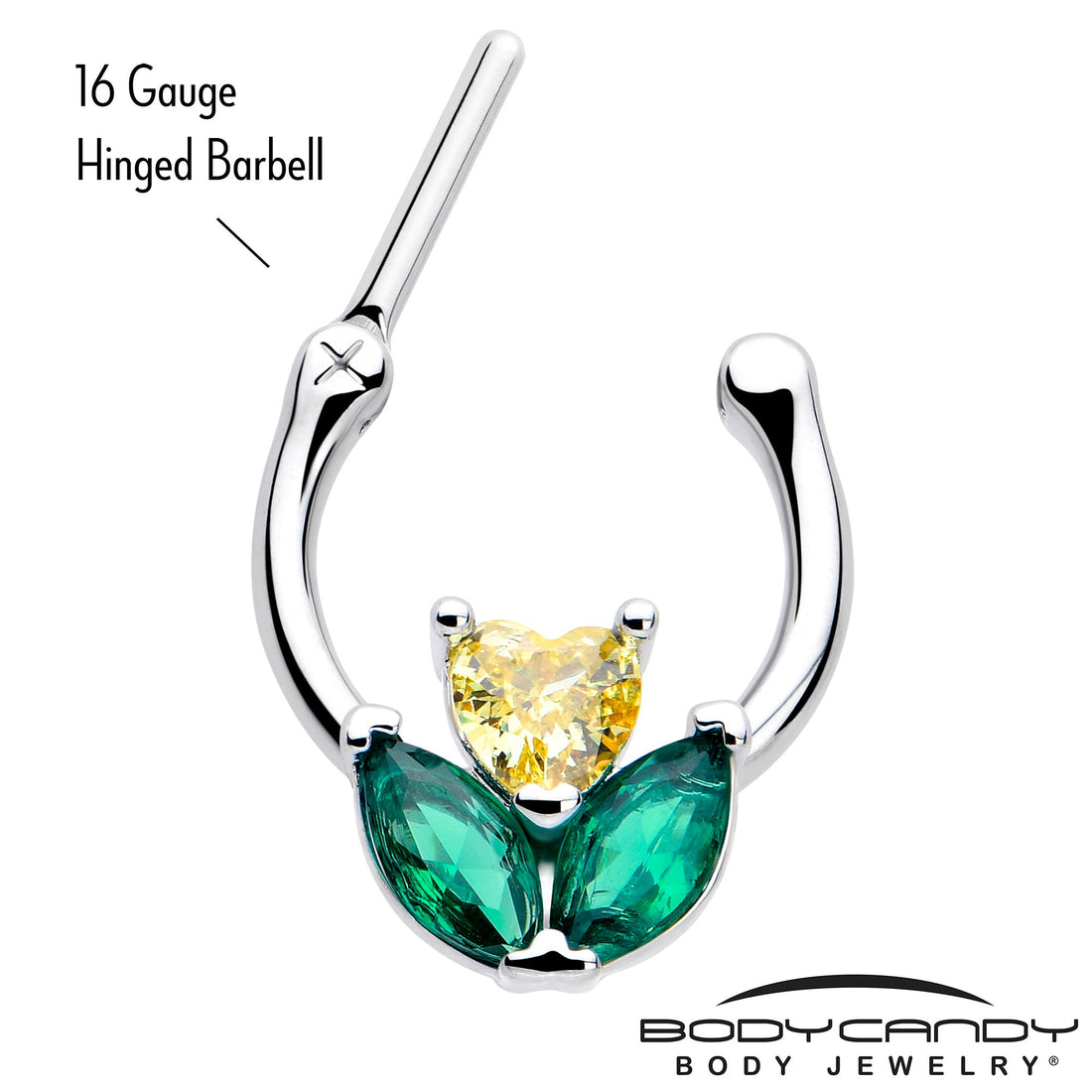 16G Yellow Green CZ Heart Flower Septum Cartilage Clicker Ring - Image 3