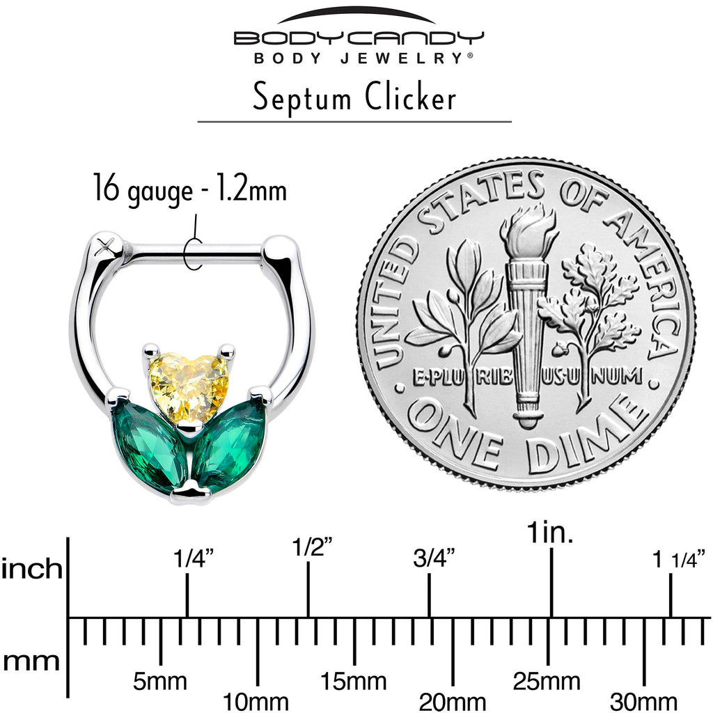 16G Yellow Green CZ Heart Flower Septum Cartilage Clicker Ring - Image 4
