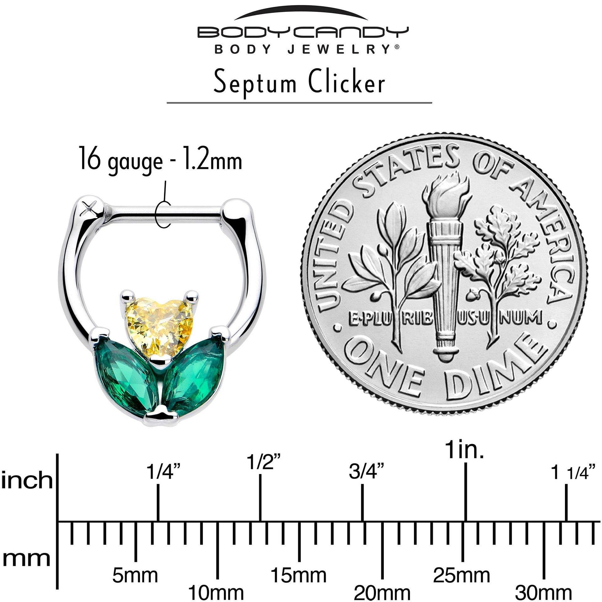 16G Yellow Green CZ Heart Flower Septum Cartilage Clicker Ring - Image 4