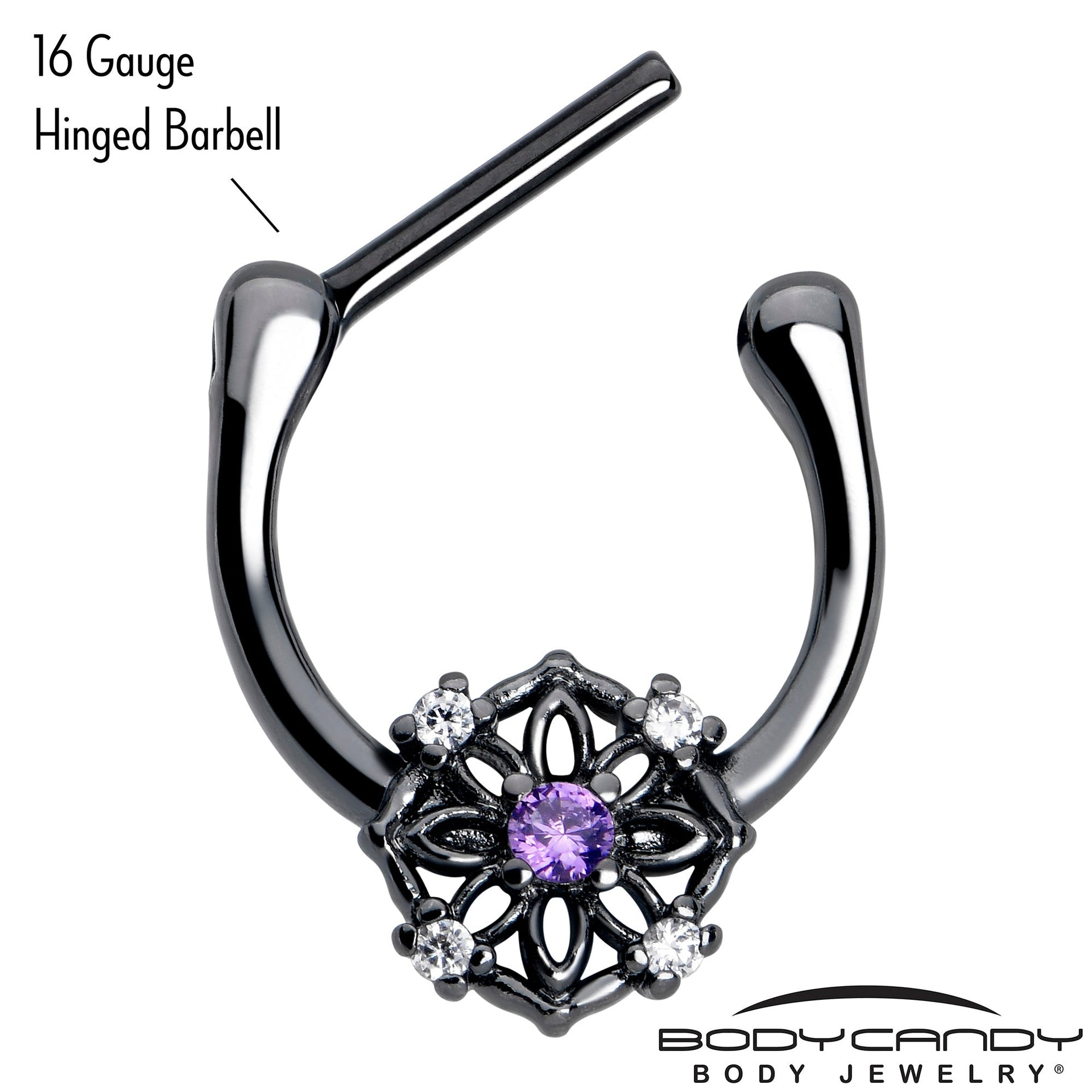 16G 5/16 Purple Clear CZ Gem Black Flower Ring Cartilage Clicker