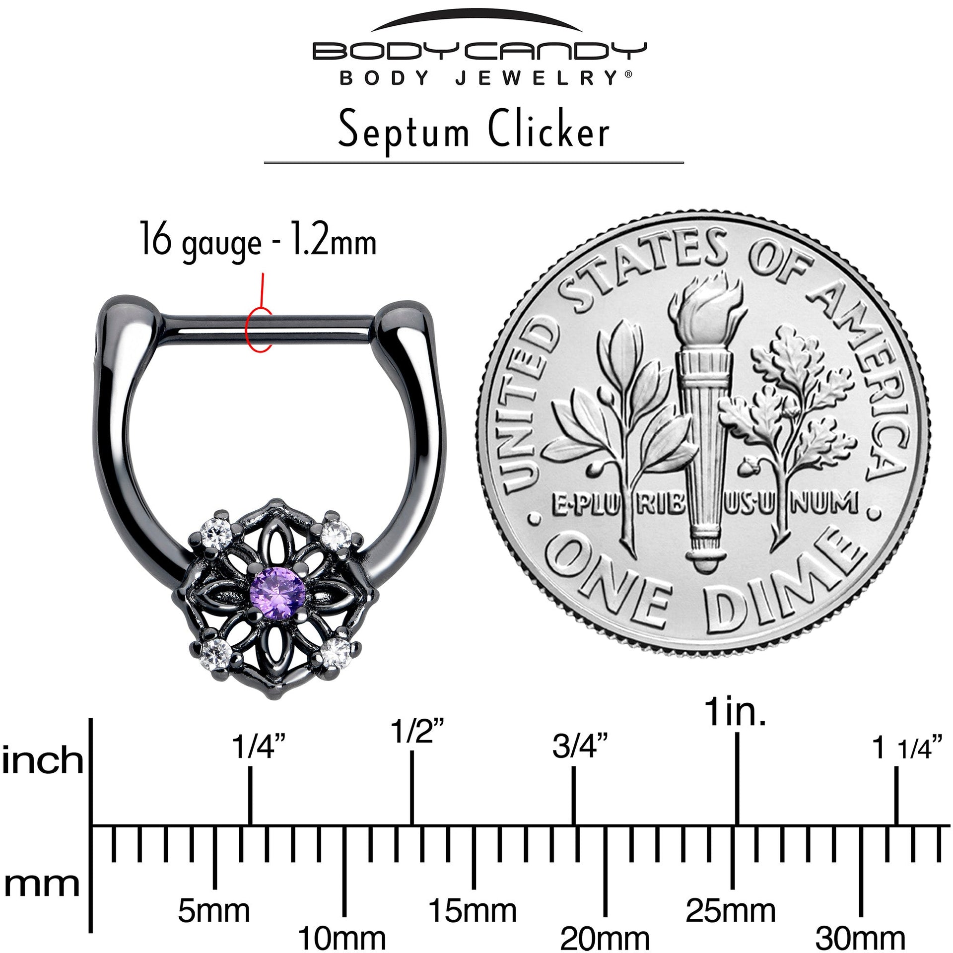 16G 5/16 Purple Clear CZ Gem Black Flower Ring Cartilage Clicker