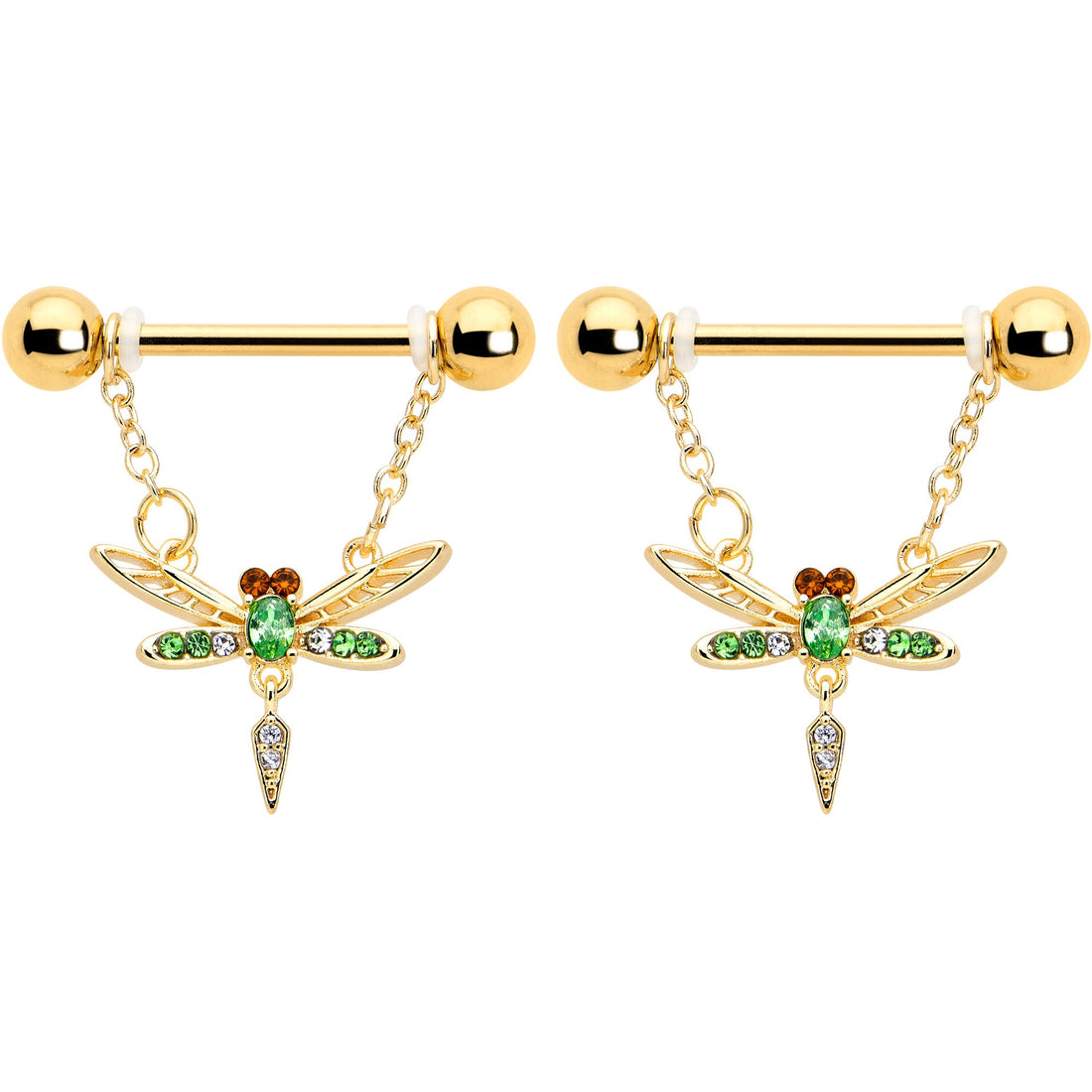 14G 9/16 Green Gem Gold Tone Swank Dragonfly Dangle Nipple Ring Set