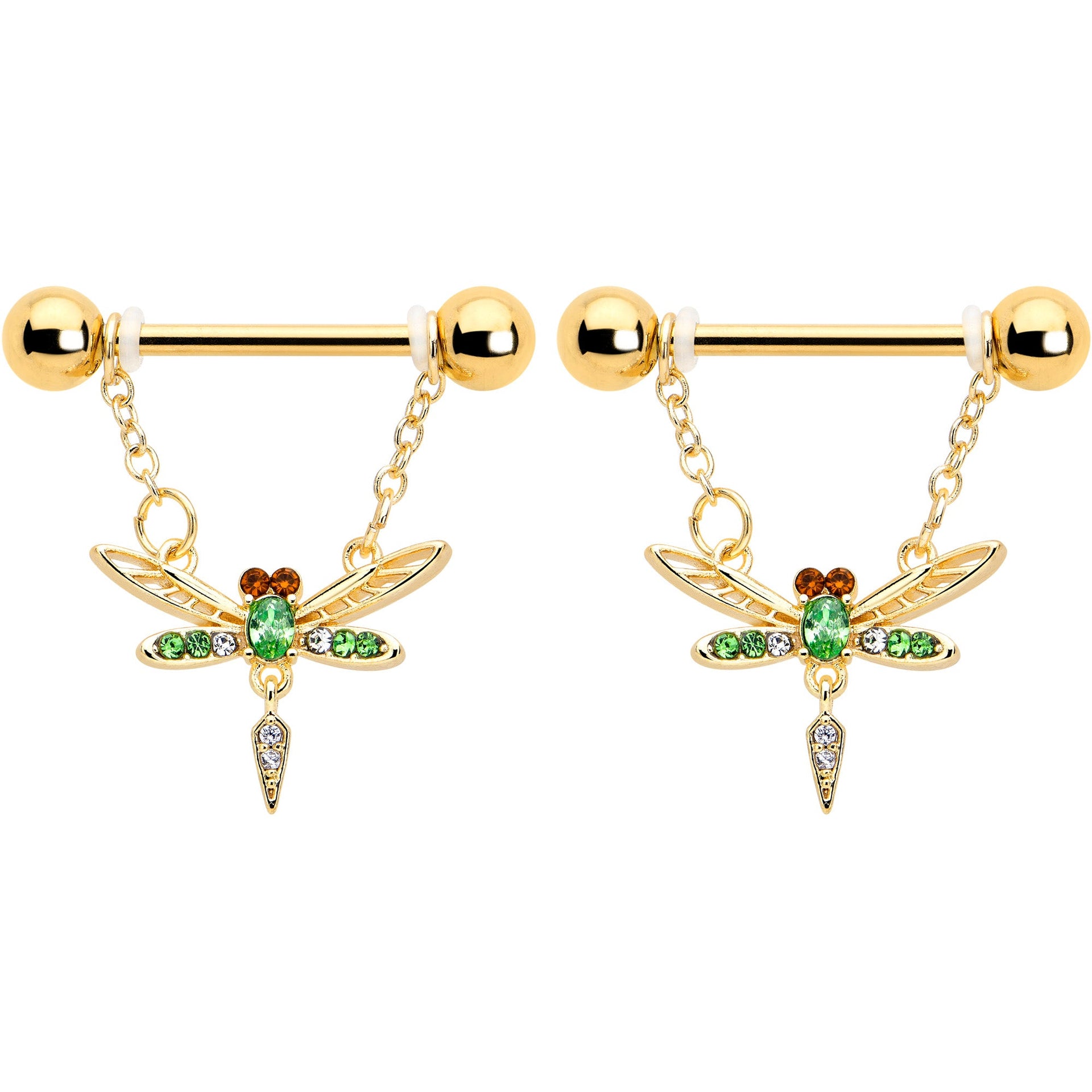 14G 9/16 Green Gem Gold Tone Swank Dragonfly Dangle Nipple Ring Set