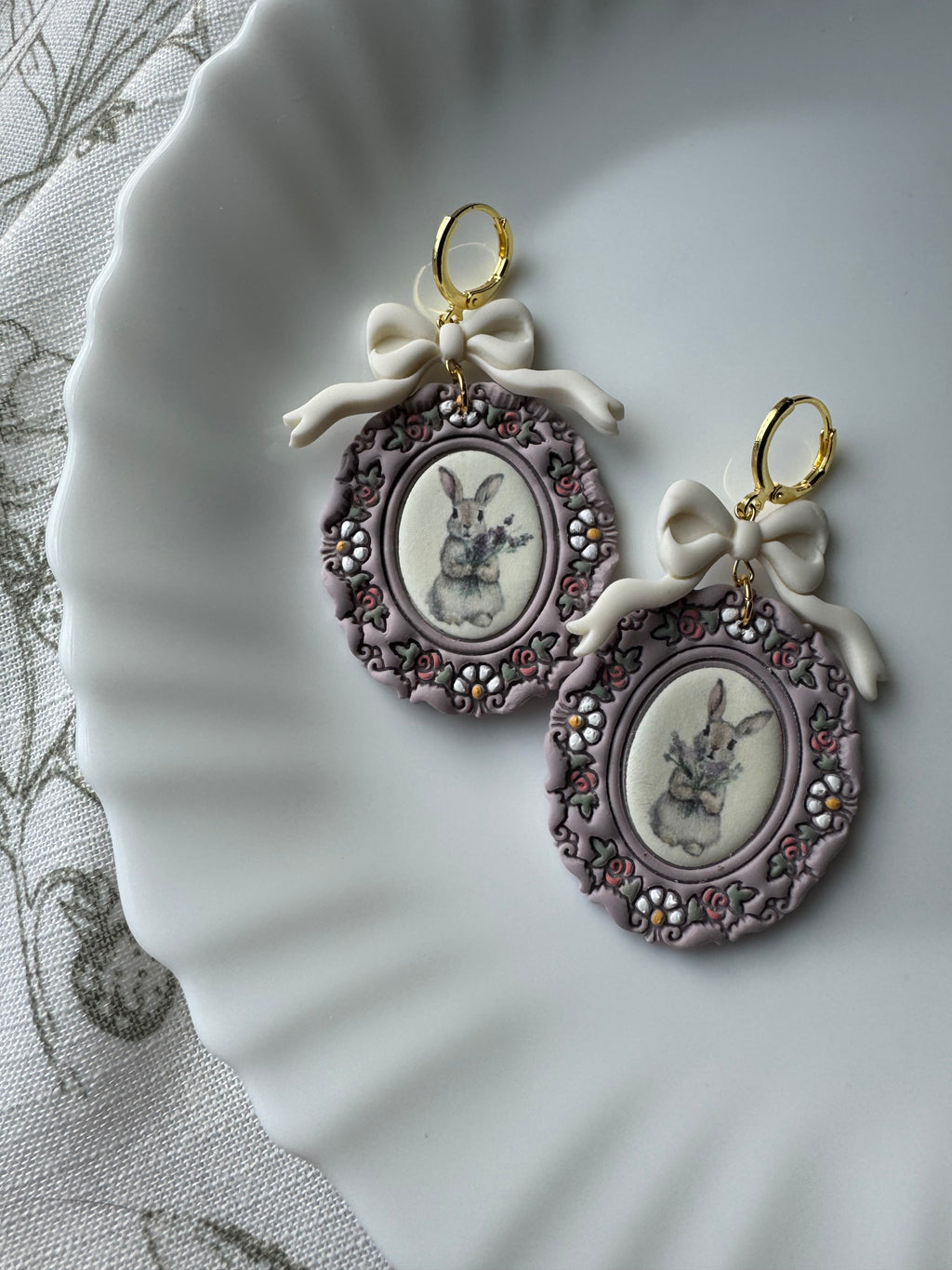 Lavender Bunny Frames Polymer Clay Earrings 14k Gold