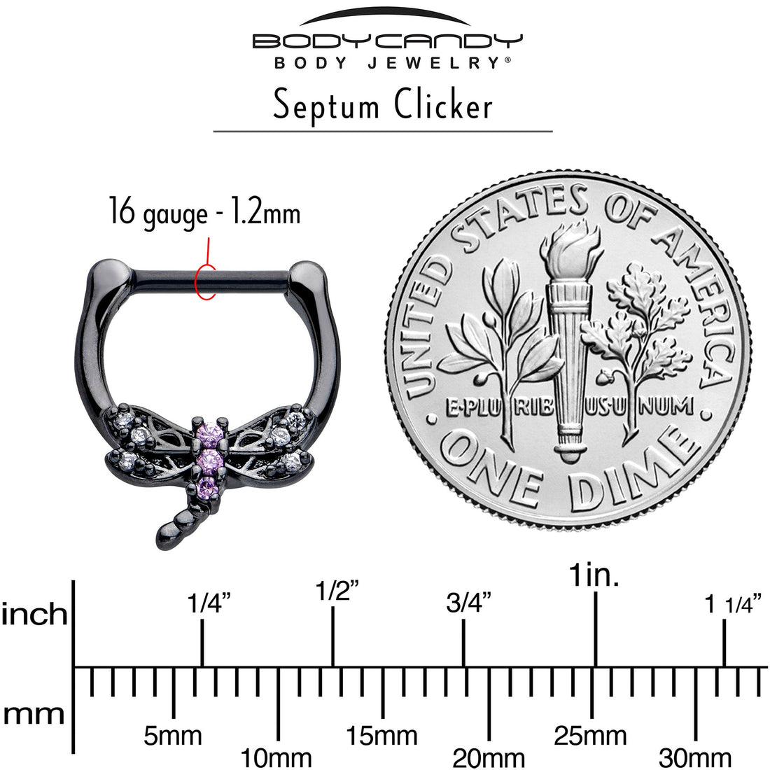 16G 5/16 Purple CZ Gem Black Night Dragonfly Cartilage Clicker