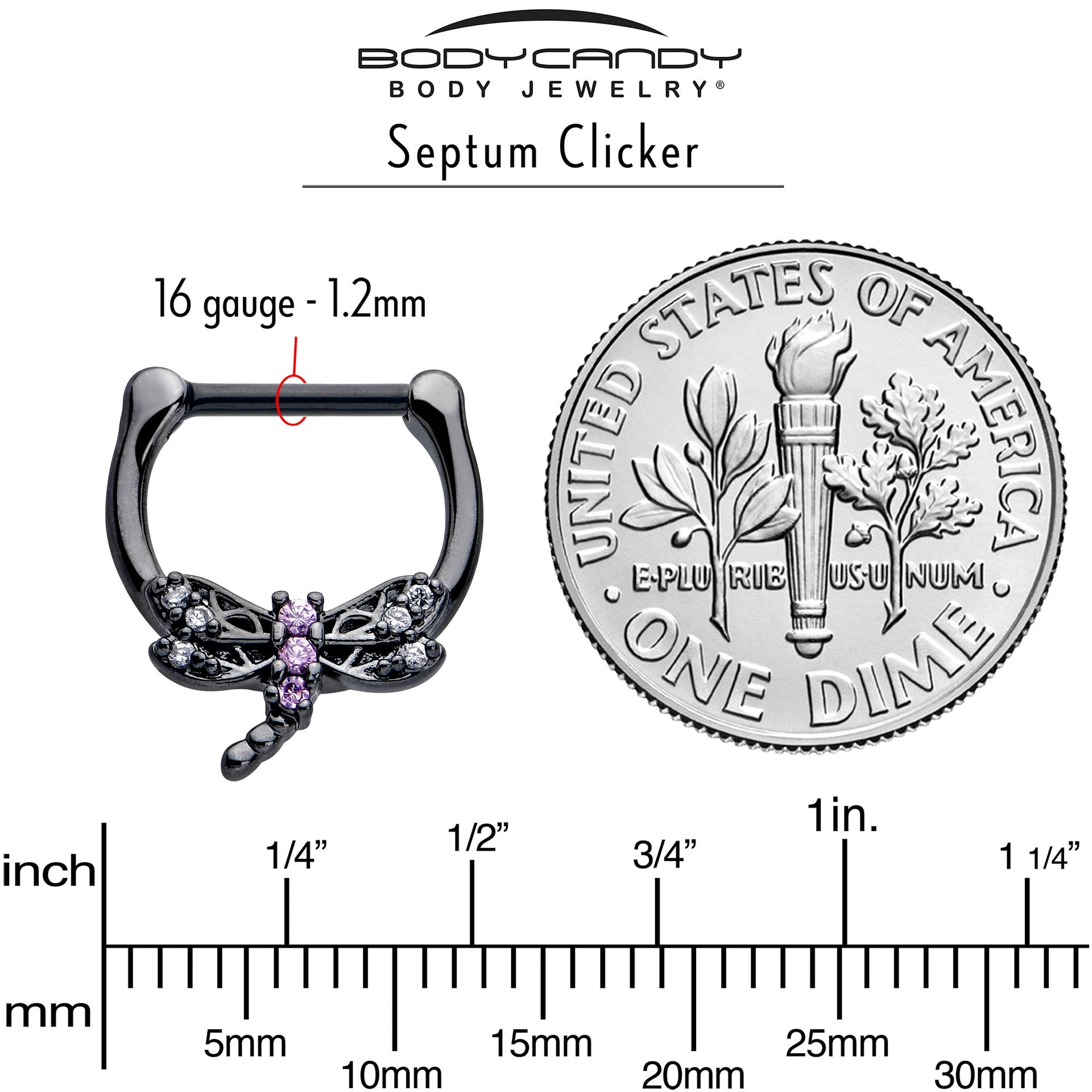 16G 5/16 Purple CZ Gem Black Night Dragonfly Cartilage Clicker