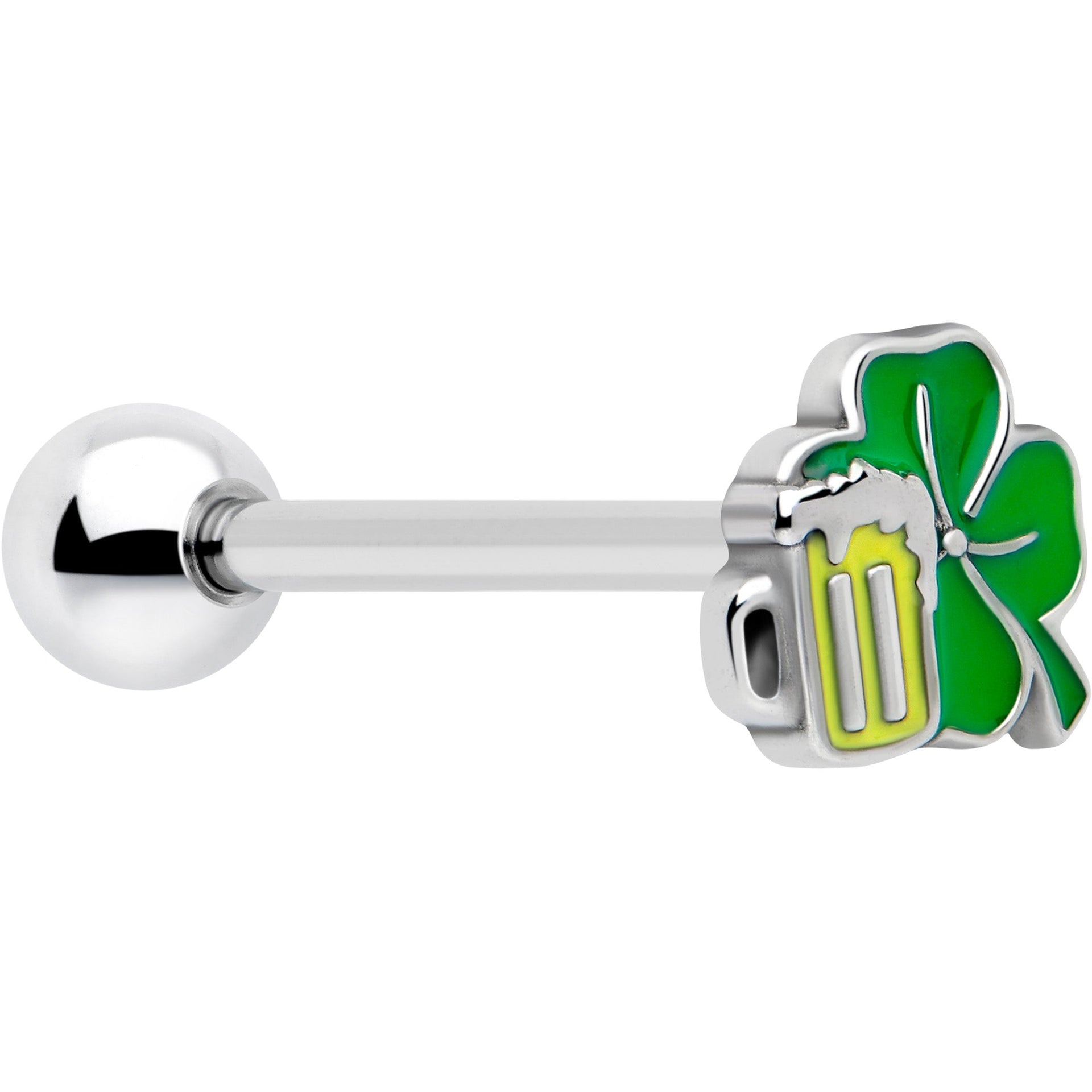 Green shamrock and beer mug charm on a silver-tone straight tongue barbell