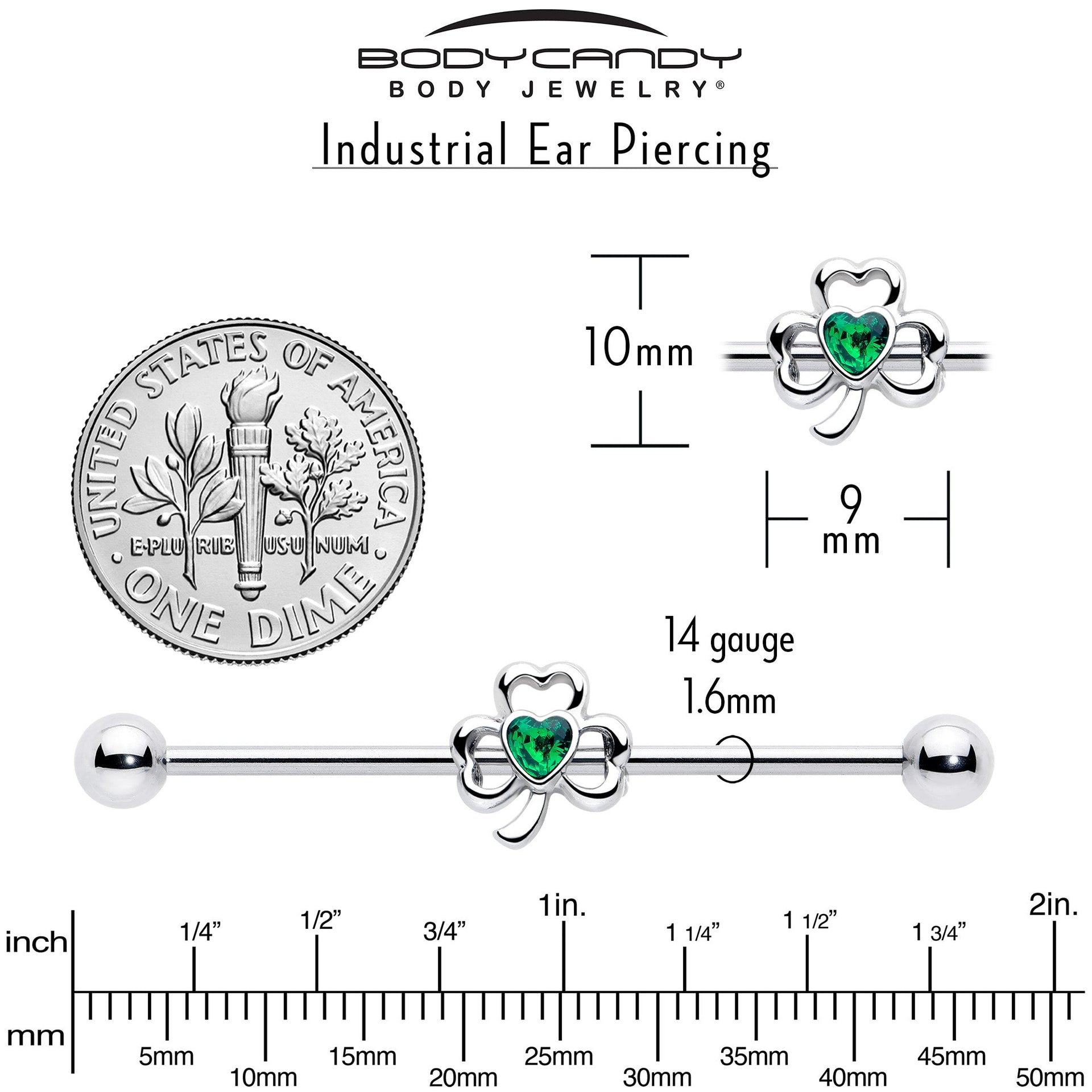 14G Green Gem Heart Shamrock St Patricks Day Industrial Barbell 38mm