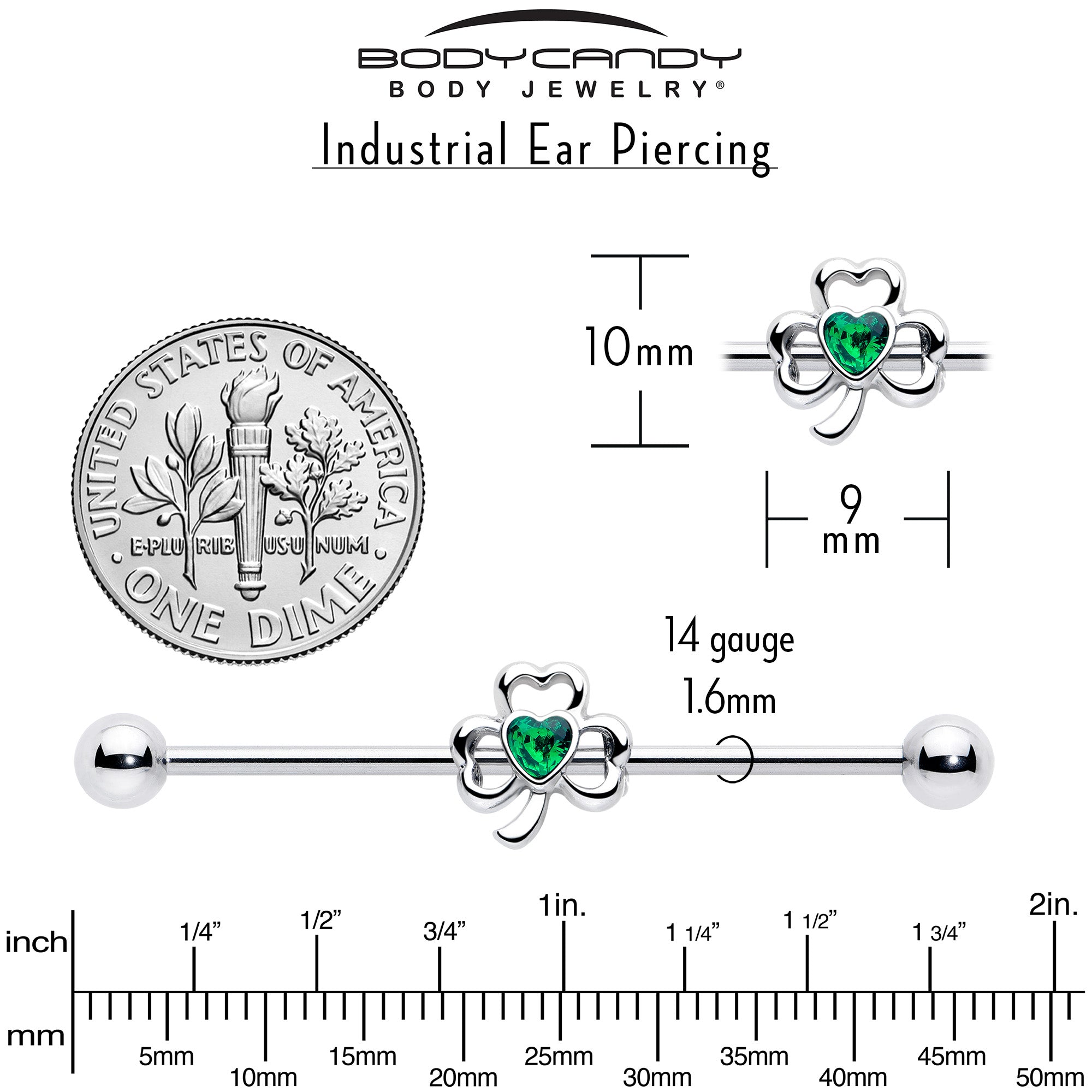 14G Green Gem Heart Shamrock St Patricks Day Industrial Barbell 38mm