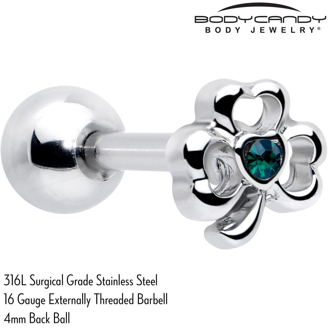 16G 5/16 Green Gem Heart Shamrock St Patricks Cartilage Earring