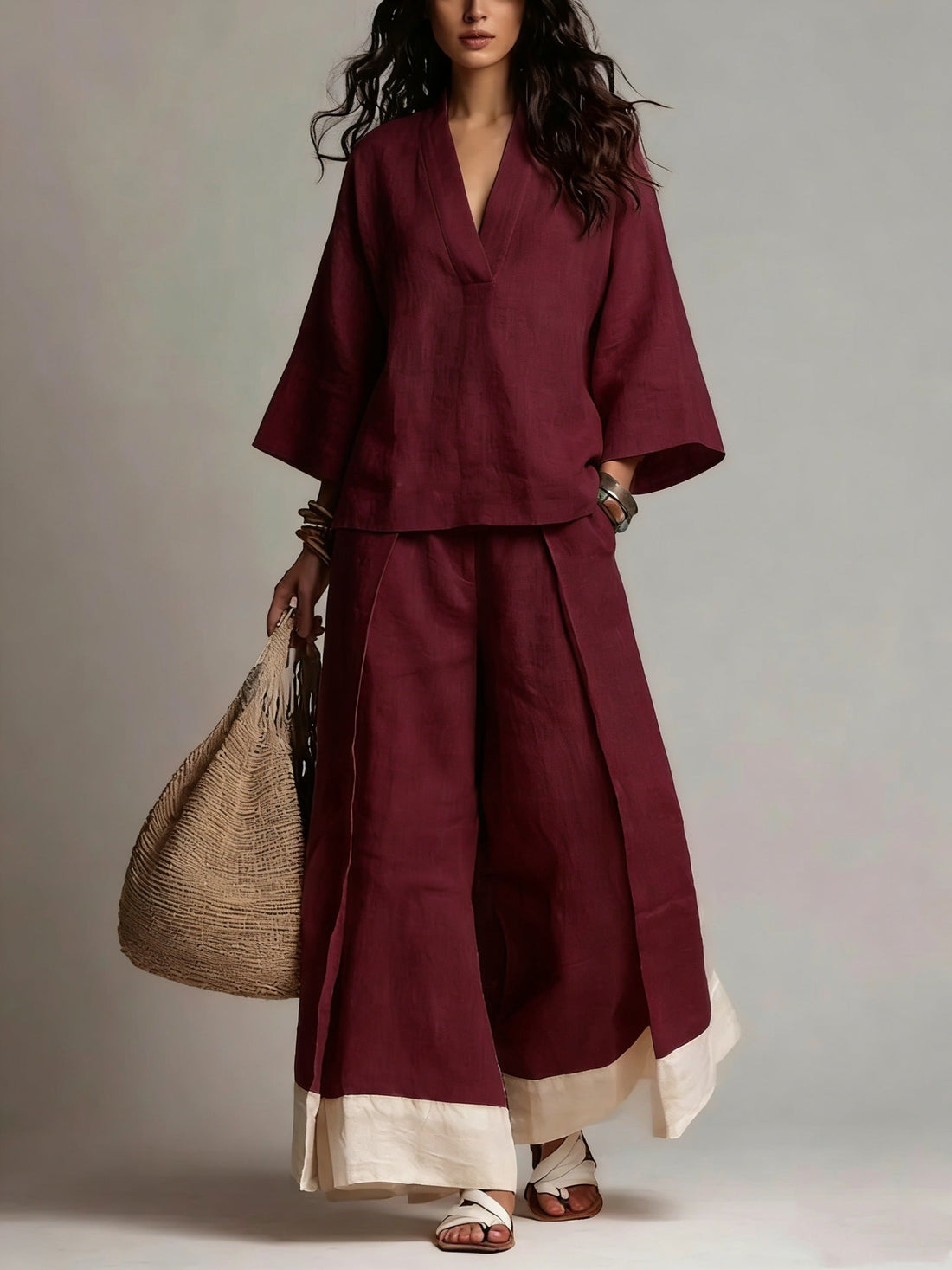 Cotton-Linen V-Neck Two-Piece Set: Wide-Leg Pants & 3/4 Sleeve Top