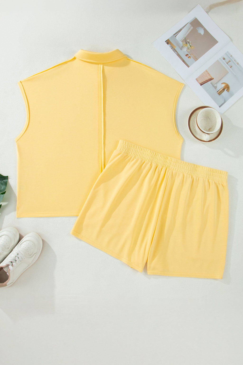 Solid Polo Tee and Elastic Waist Shorts Loungewear Set - Yellow