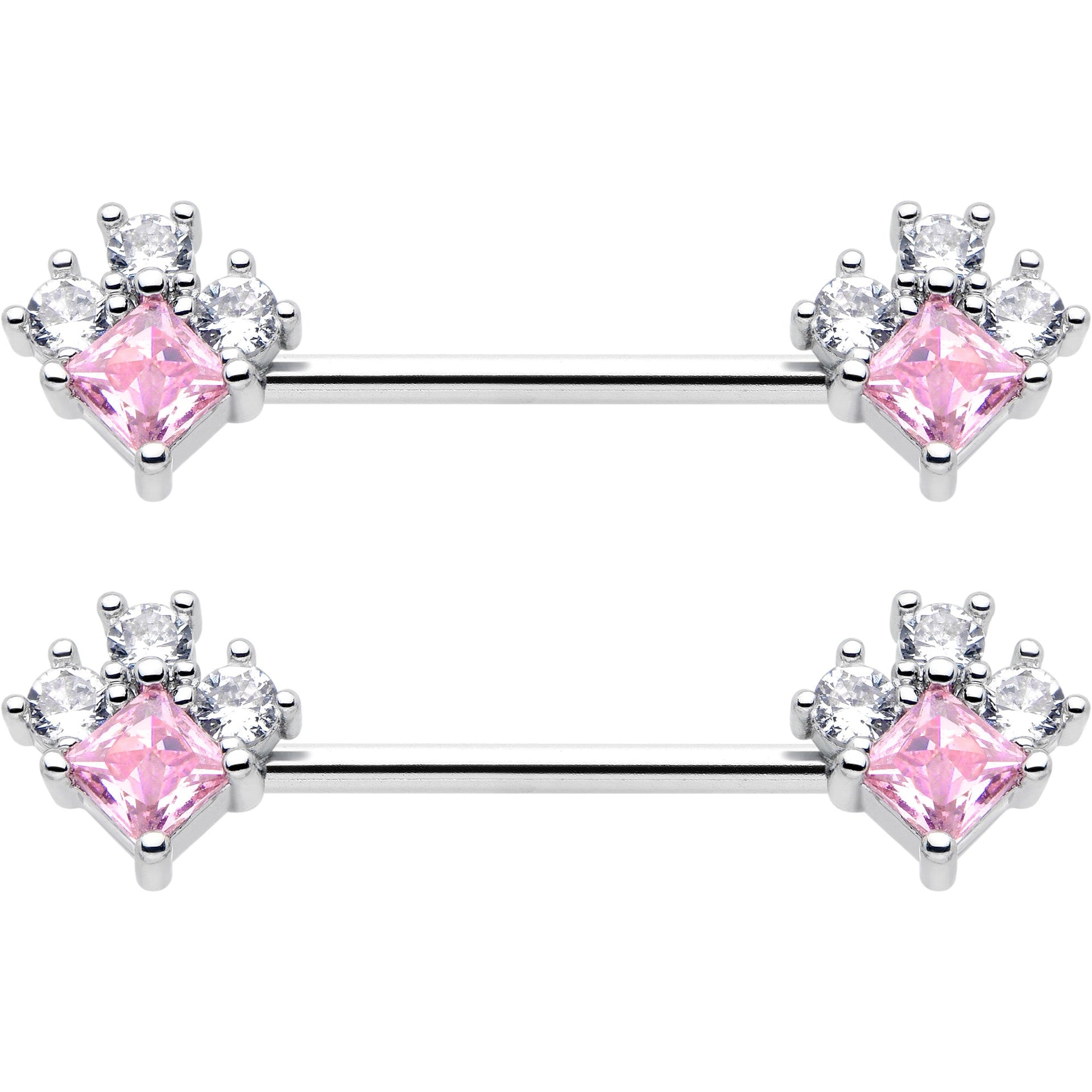 14G 9/16 Pink Clear CZ Gem Rhombus Riot Barbell Nipple Ring Set