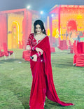 Magenta Georgette Satin saree with fancy lace and ready-to-wear embroidered blouse.