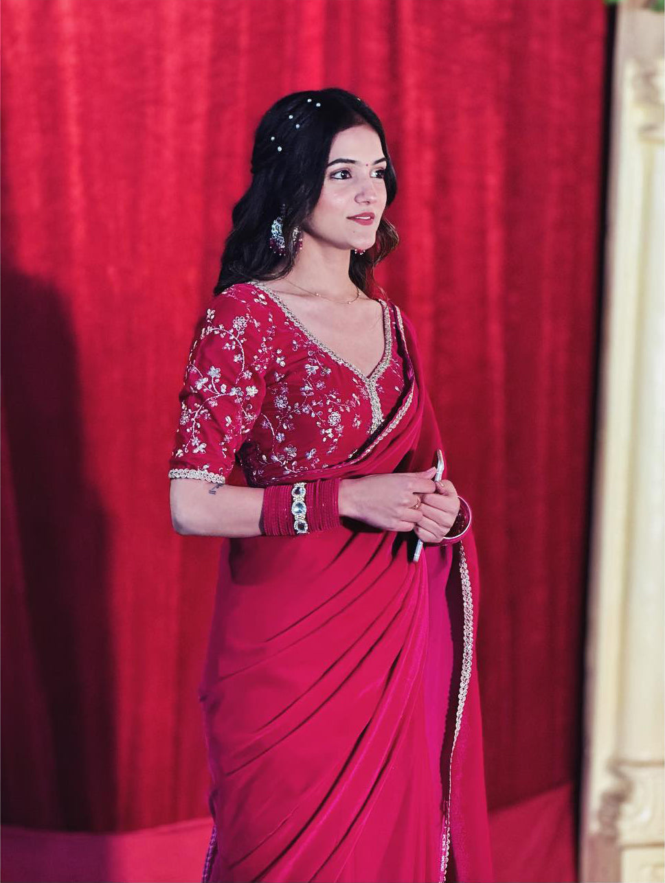 Magenta Georgette Satin Saree with Stitched Embroidery Blouse