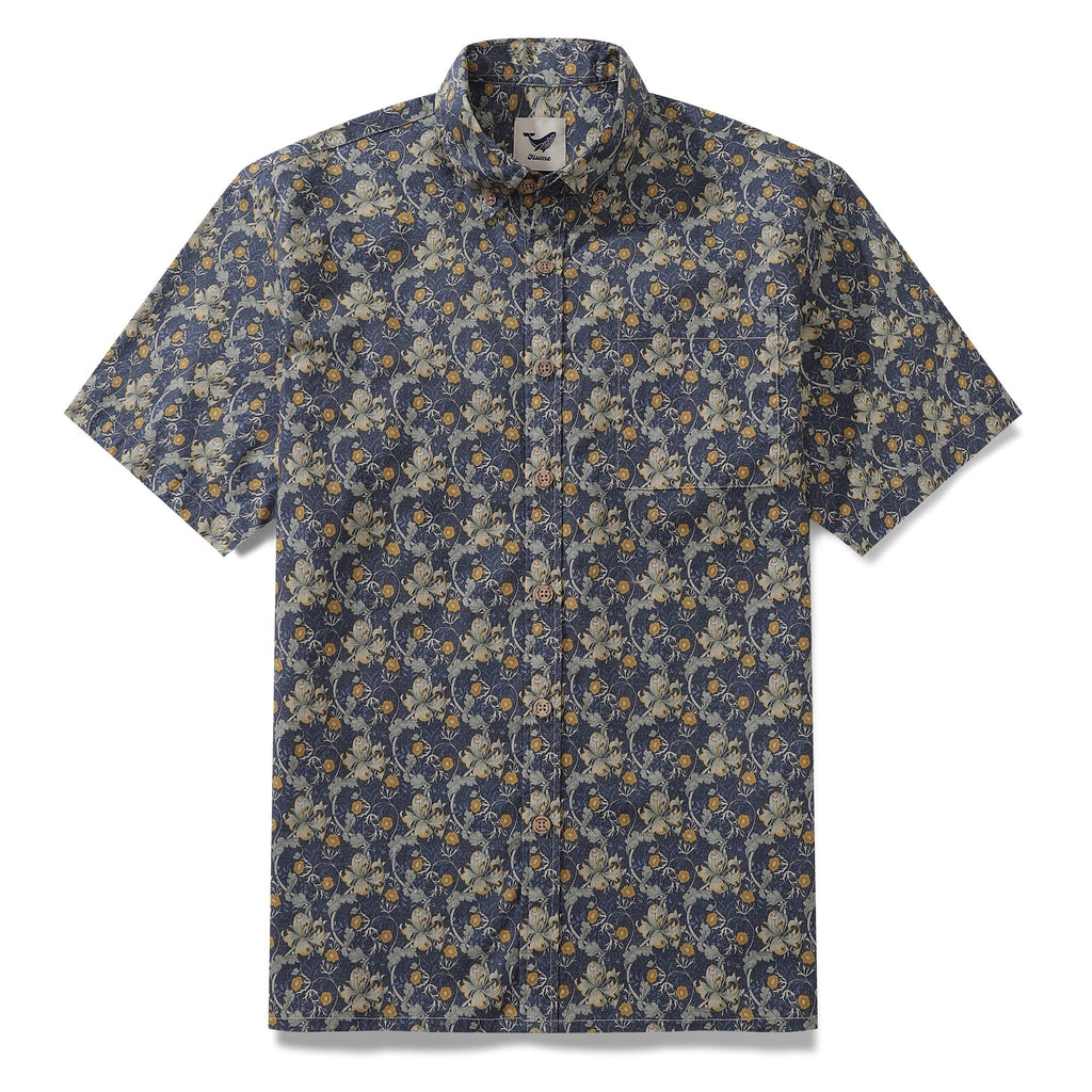 Men's short sleeve button-down shirt with vintage floral pattern in deep blue