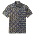 Men's short sleeve button-down shirt with vintage floral pattern in deep blue