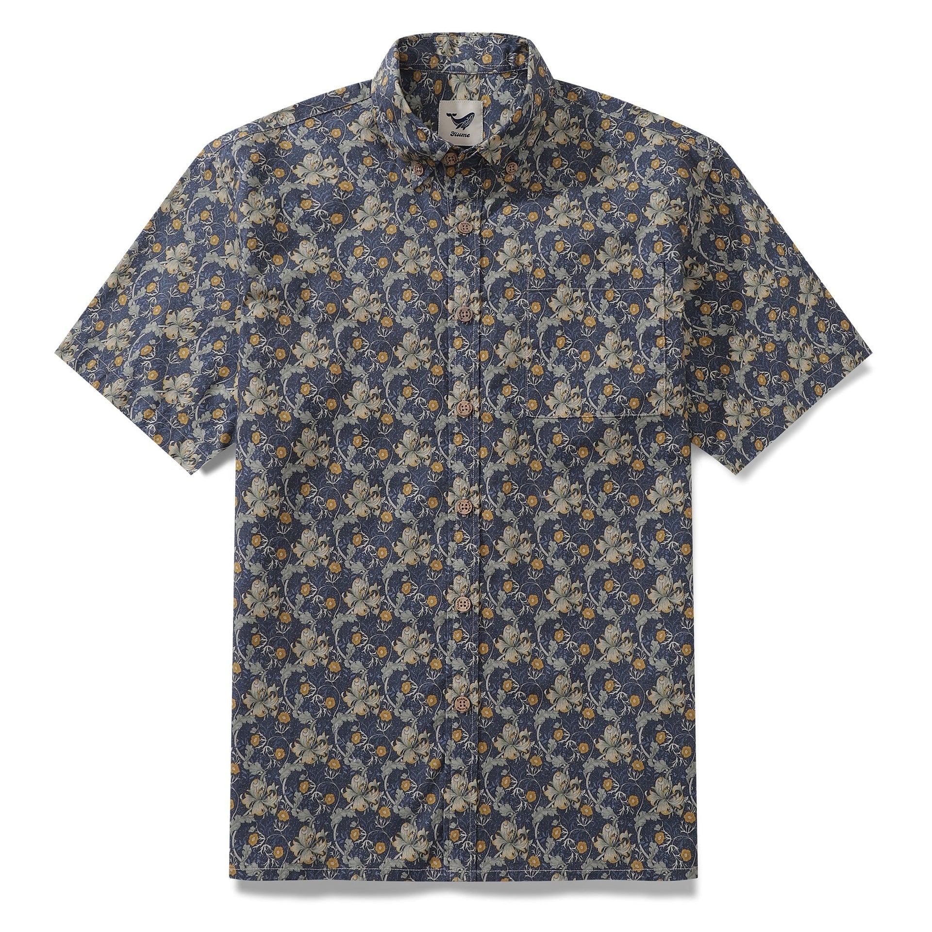 Men's short sleeve button-down shirt with vintage floral pattern in deep blue