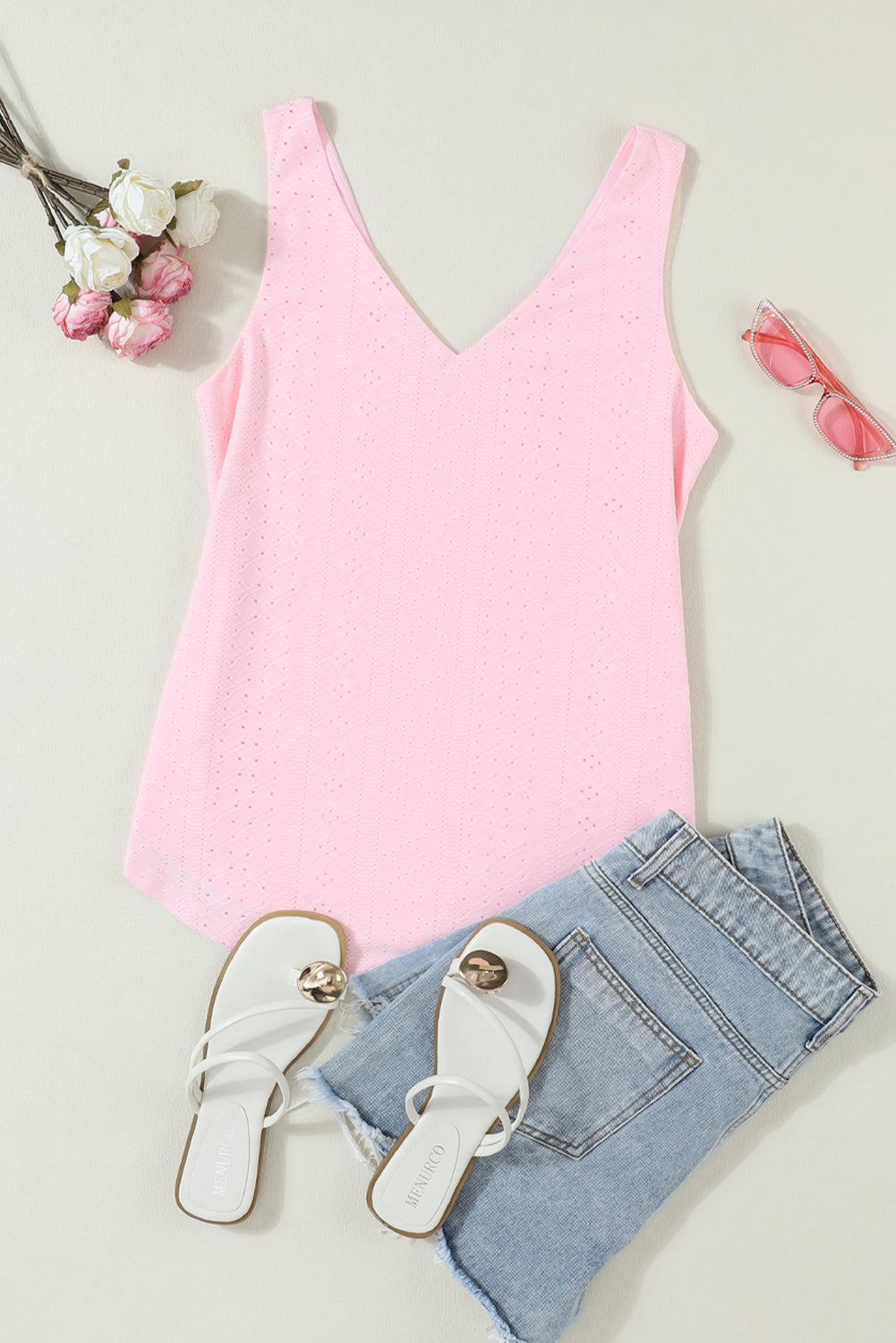 Solid Eyelet Knit V-Neck Loose Tank Top