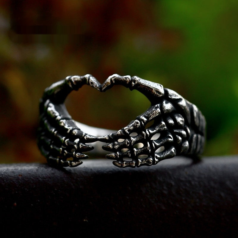 Stainless Steel Skull Hand Bone Heart Ring