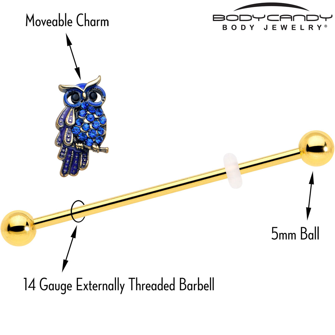 14G Blue Gem Gold Tone Sky Owl Industrial Barbell 38mm
