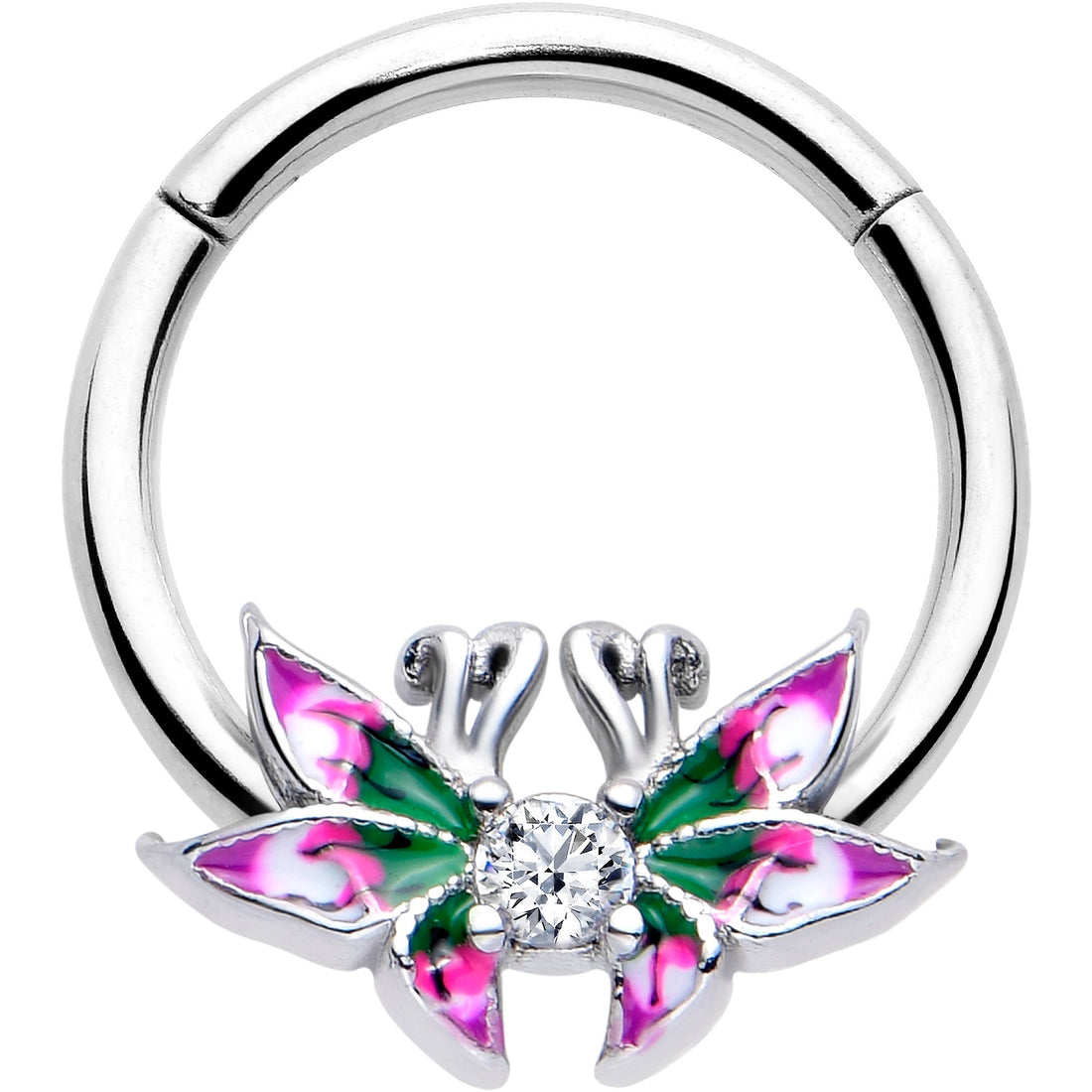 16G 3/8 Clear CZ Gem Profile Butterflies Hinged Segment Ring