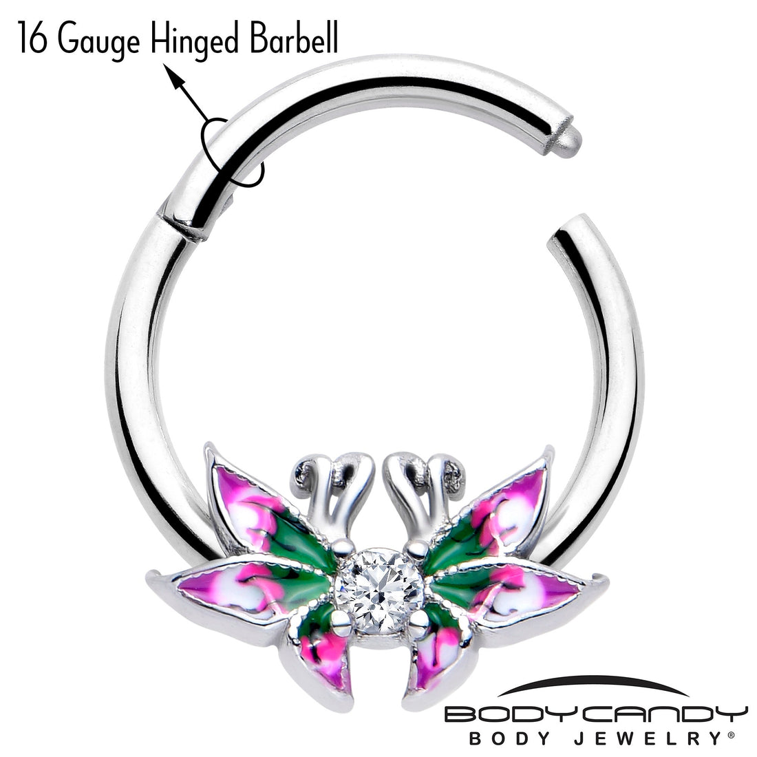 16G 3/8 Clear CZ Gem Profile Butterflies Hinged Segment Ring