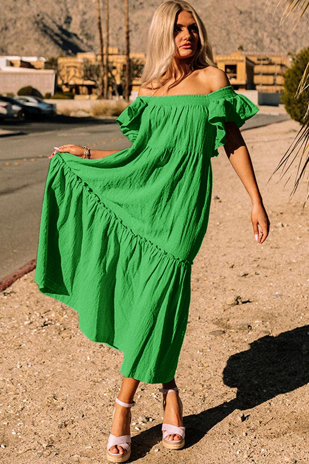 Green Ruffled Flutter Sleeve Square Neck Tiered Maxi Dress