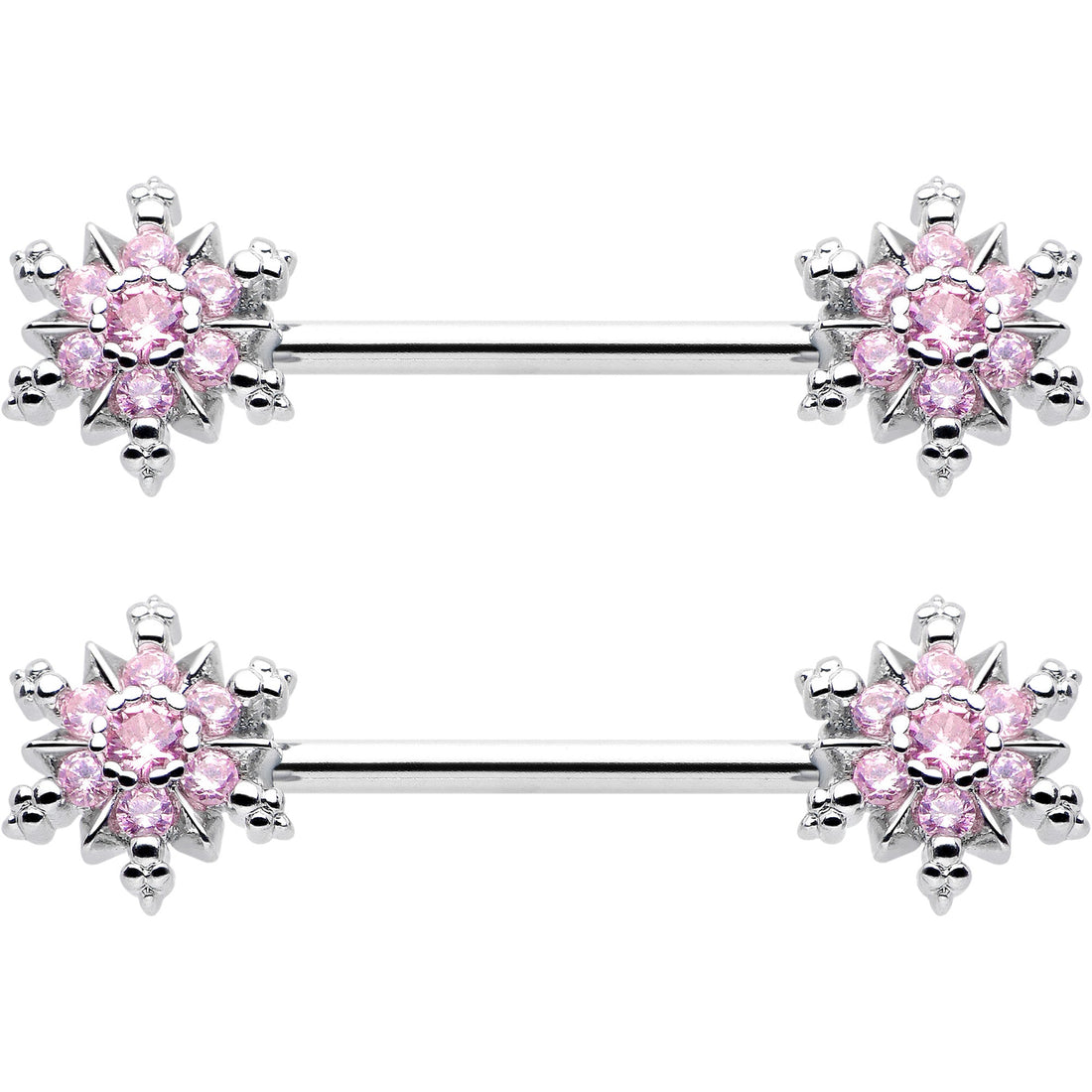 14G 9/16 Pink CZ Gem Snowflake Glam Barbell Nipple Ring Set