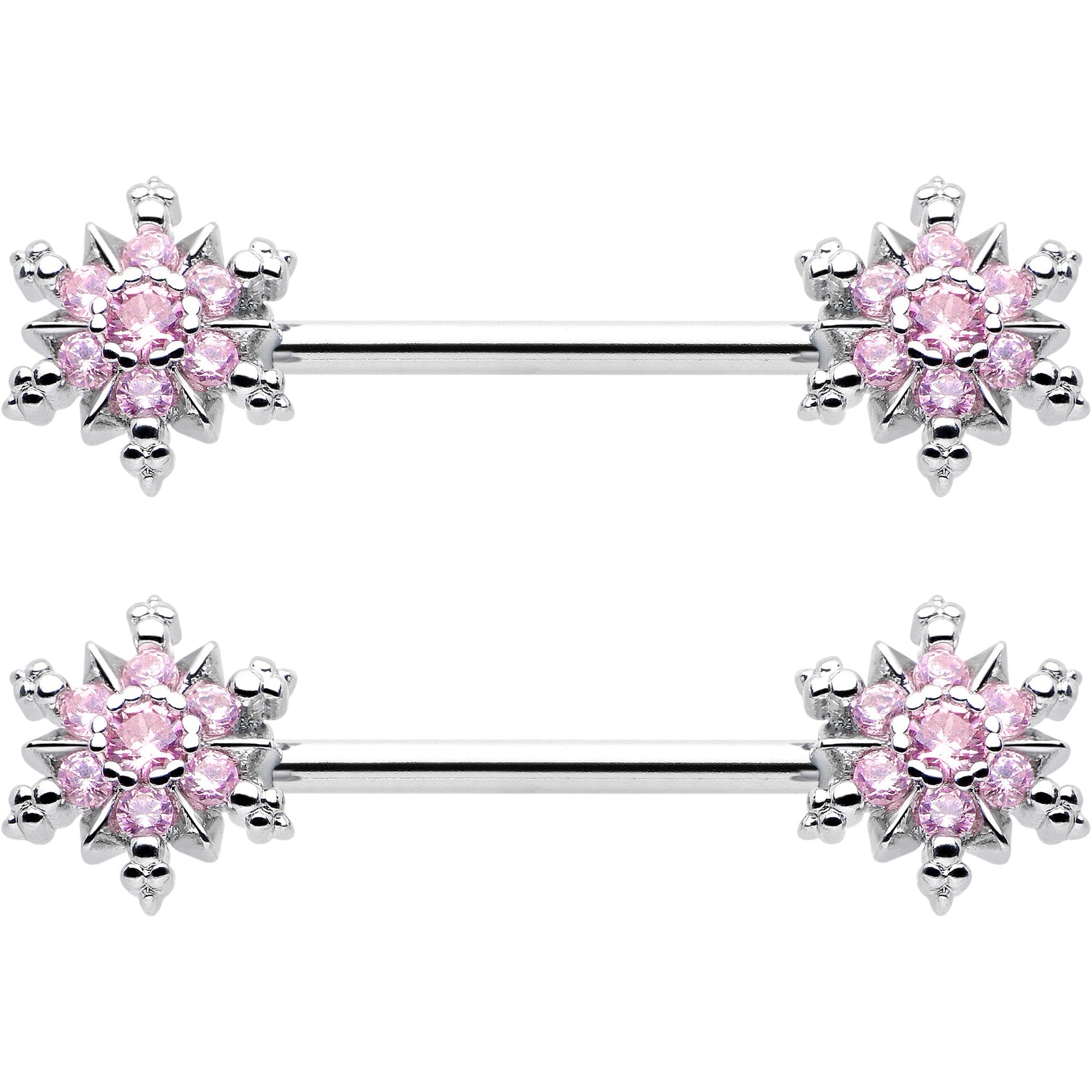 14G 9/16 Pink CZ Gem Snowflake Glam Barbell Nipple Ring Set