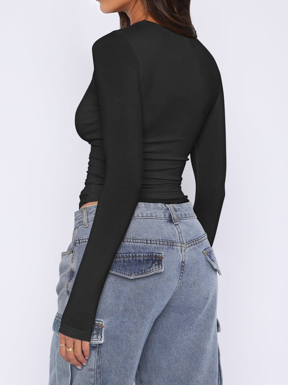 Ruched Asymmetrical Neck Long Sleeve T-Shirt in Slim Fit - Image 7