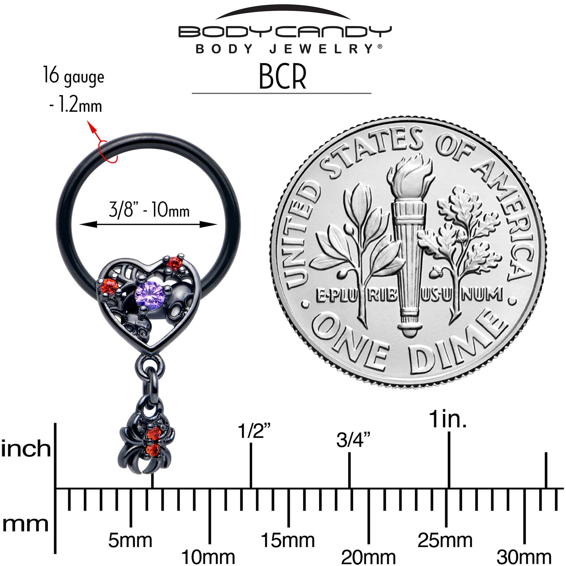 16G 3/8 Red CZ Gem Black Heart Spider Skull Dangle BCR Captive Ring