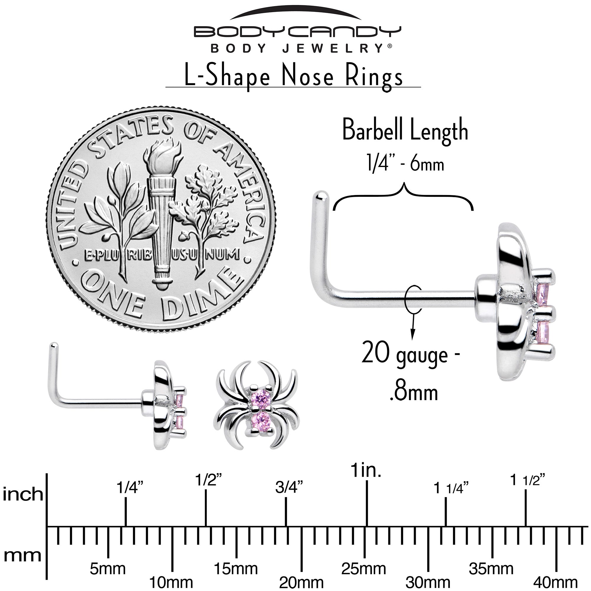 20G 7mm Pink CZ Gem Sleek Spider L Shape Nose Ring