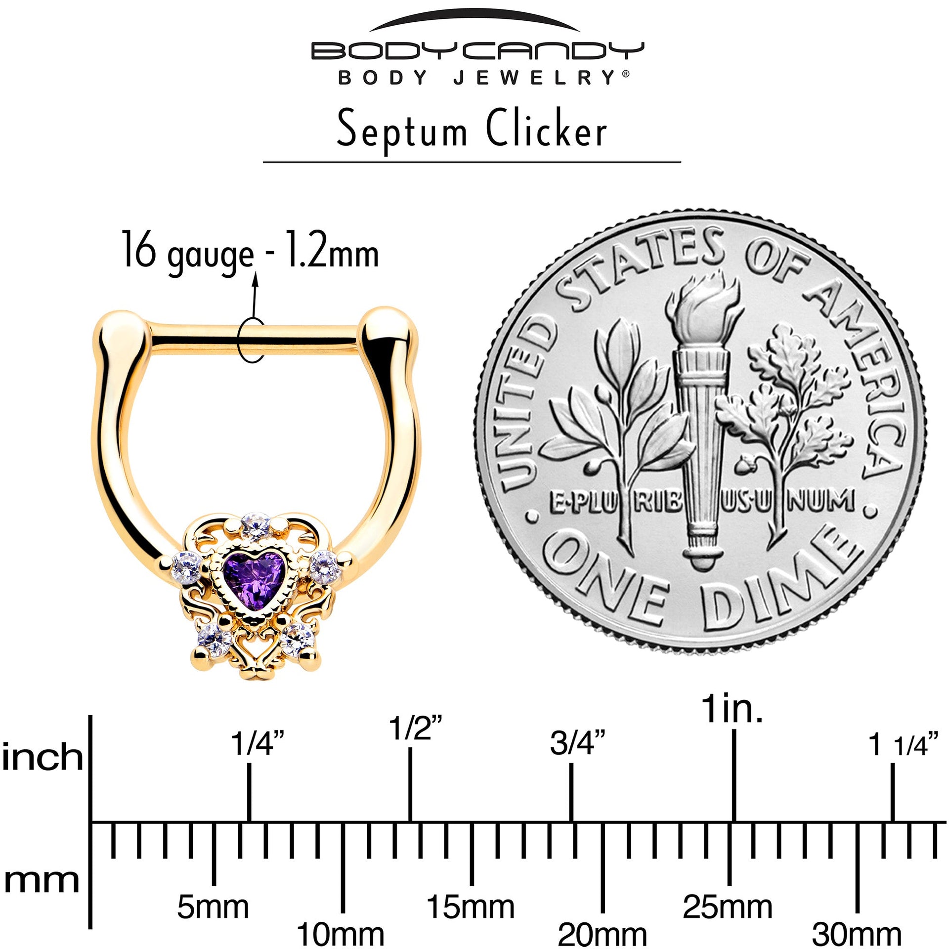 16G 5/16 Purple CZ Gem Gold Tone Heart of Love Cartilage Clicker