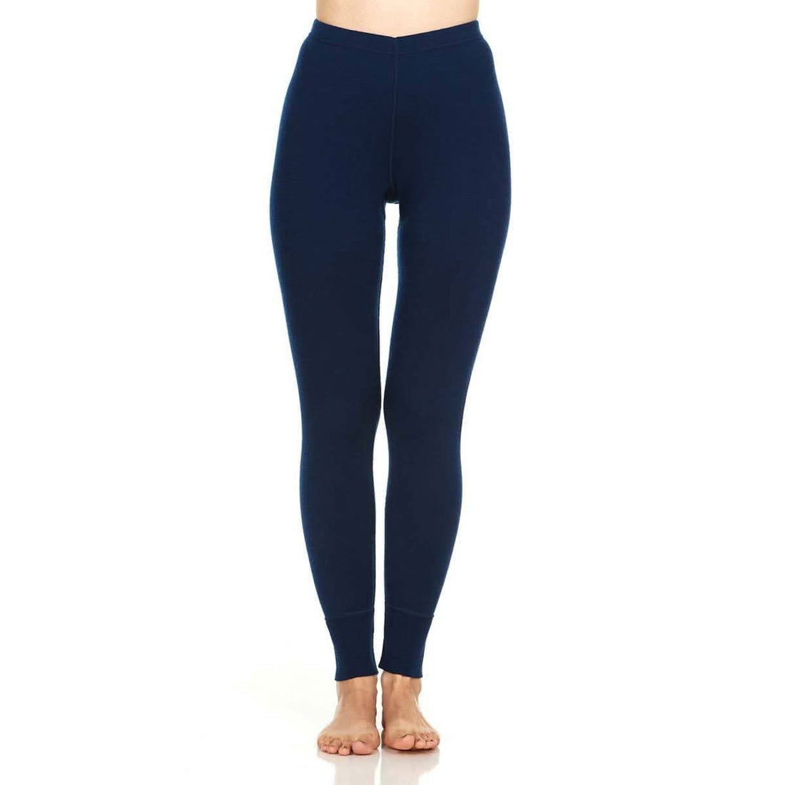Women wearing navy midweight Merino wool thermal base layer bottoms.