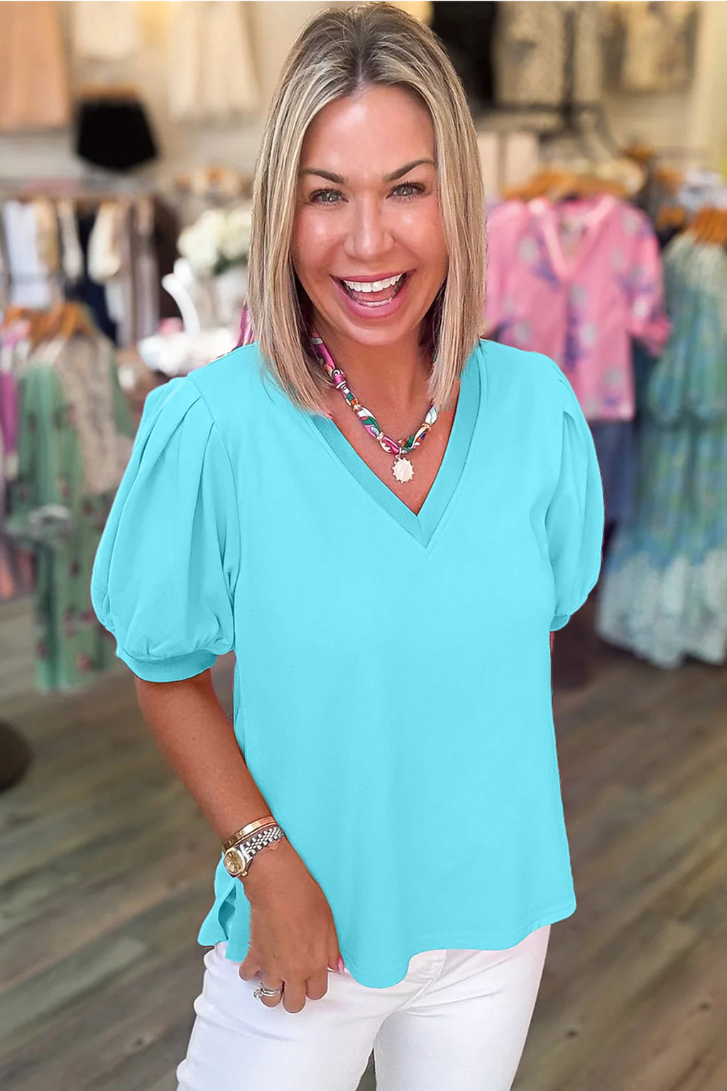 Bonbon Solid Color V Neck Short Puff Sleeve Blouse